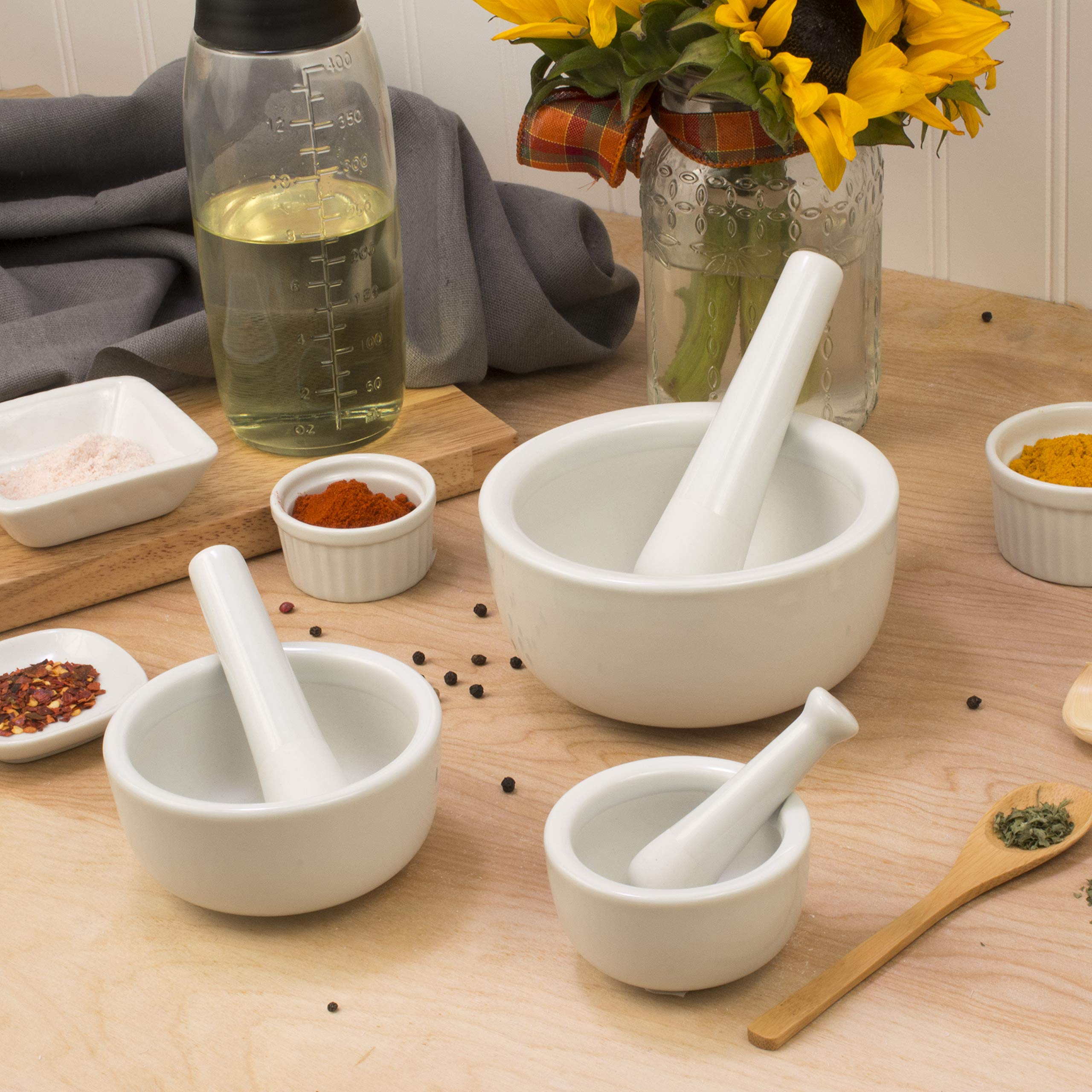 Premium HIC Kitchen Mortar and Pestle Set - Fine White Porcelain, 3-Piece Set (Small, Medium, Large) for Grinding Spices, Herbs & Pesto - Perfect for Home Cooking, Baking & Apothecary Use