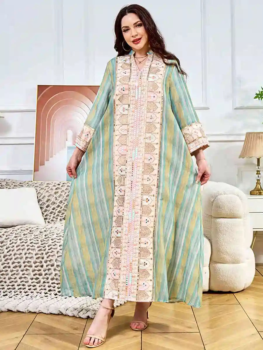Elegant Eid Sequins Embroidered Caftan Dress for Women - Perfect for Parties, Weddings & Special Occasions