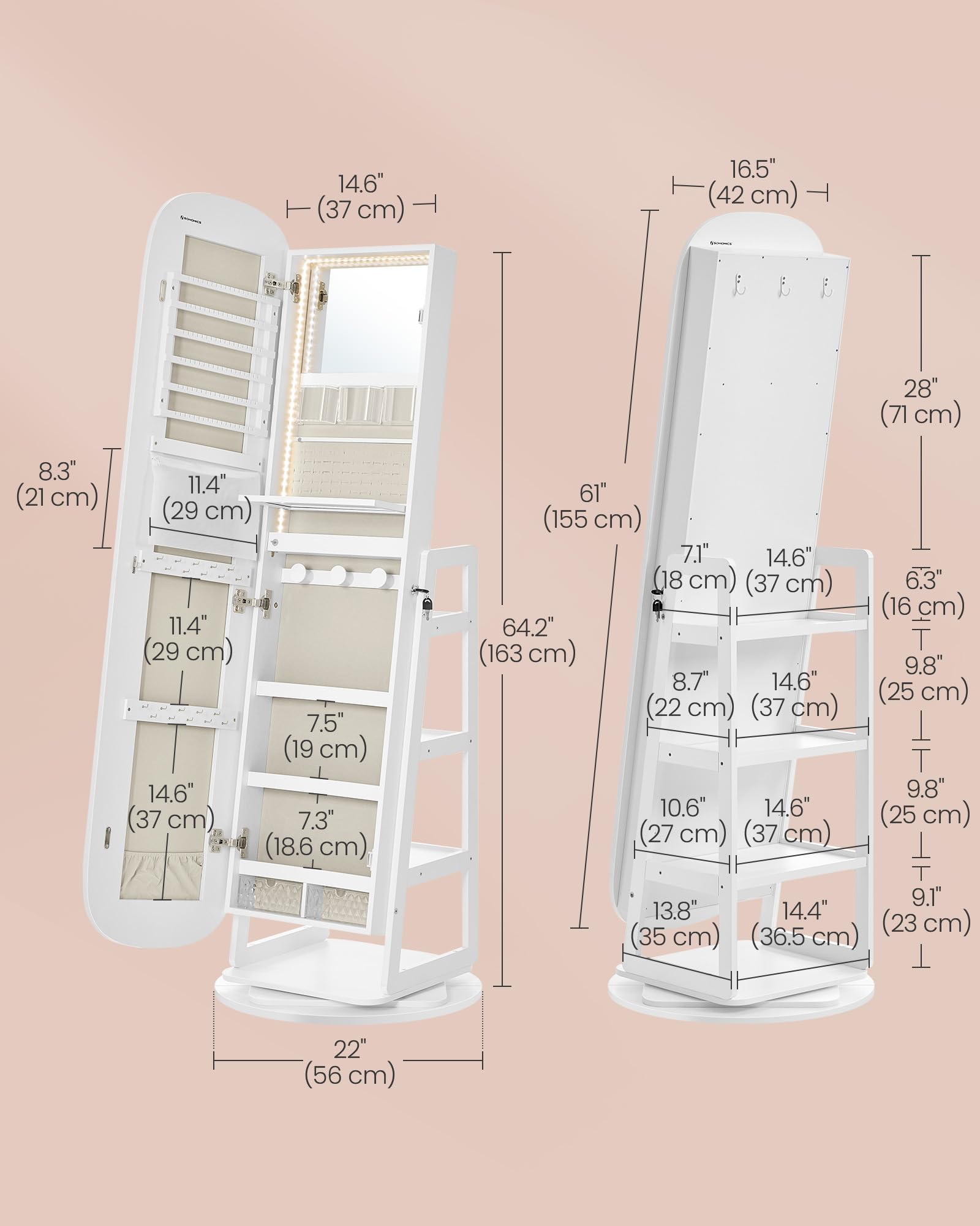 SONGMICS LED Jewelry Organizer Cabinet - 360° Swivel Standing Mirror with Lock, Full-Length Cloud White Jewelry Storage with Shelves & Interior Mirror | Perfect for Bedroom, Dressing Room & Closet Organization