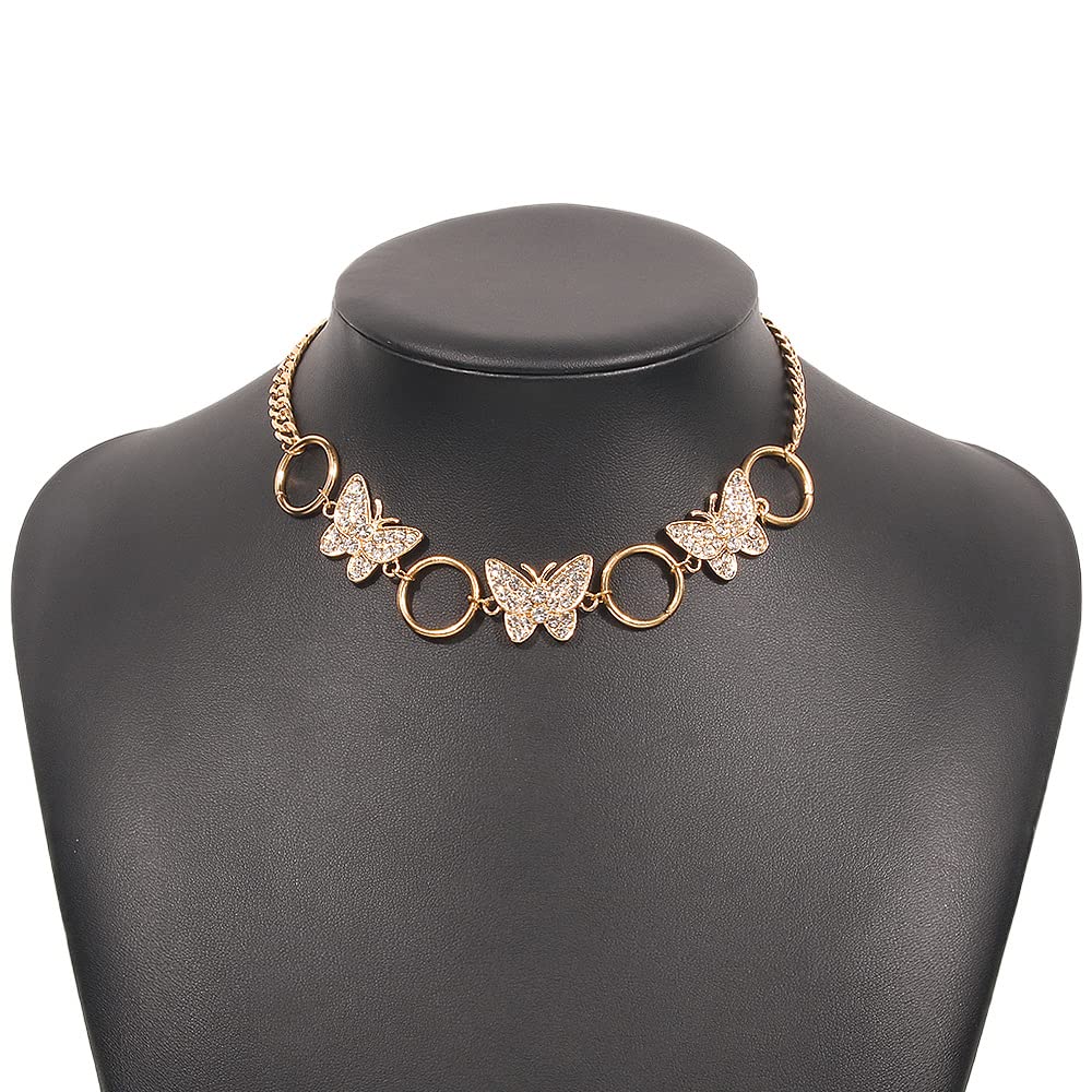 Sparkly Butterfly Crystal Choker Necklace - Gold Iced Collar Chain Circle Link Fashion Jewelry for Women | Perfect for Parties, Weddings & Date Nights