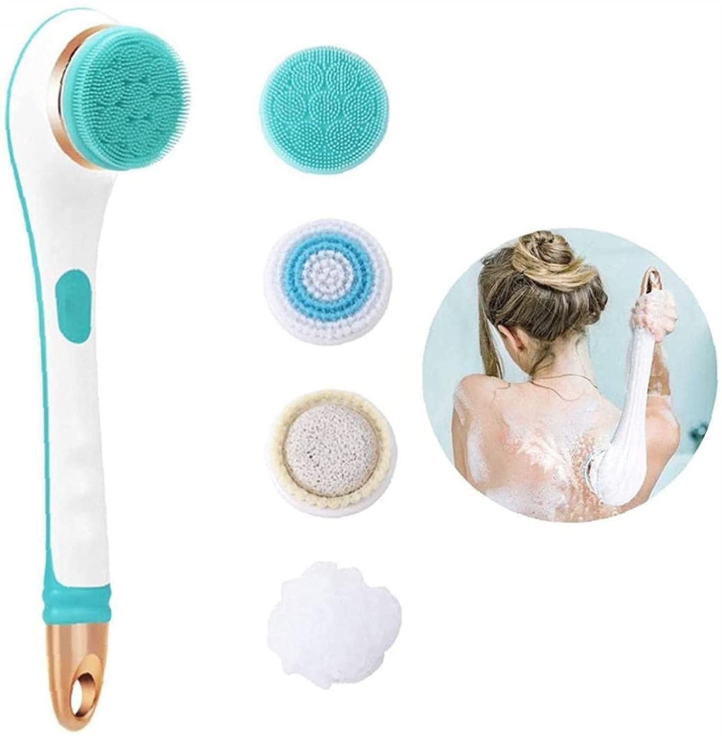 Electric Rechargeable Shower Brush with Long Handle - Waterproof Body Scrubber for Exfoliation & Cleansing | Back Scrub Brush for Men & Women | Perfect for Spa, Bath & Shower (Blue)