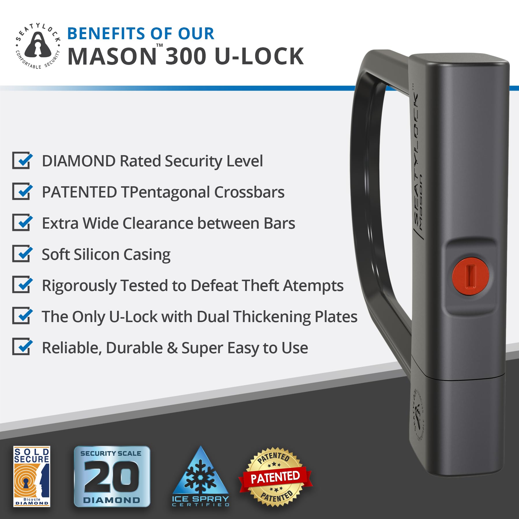 Seatylock Mason Heavy Duty Anti-Theft Bike U Lock - Patented Diamond Secure ULock for Electric, Mountain Bikes & Scooters - Ultra Security Bicycle Safety Tool with Keys - Perfect for Urban Commuting & Outdoor Cycling