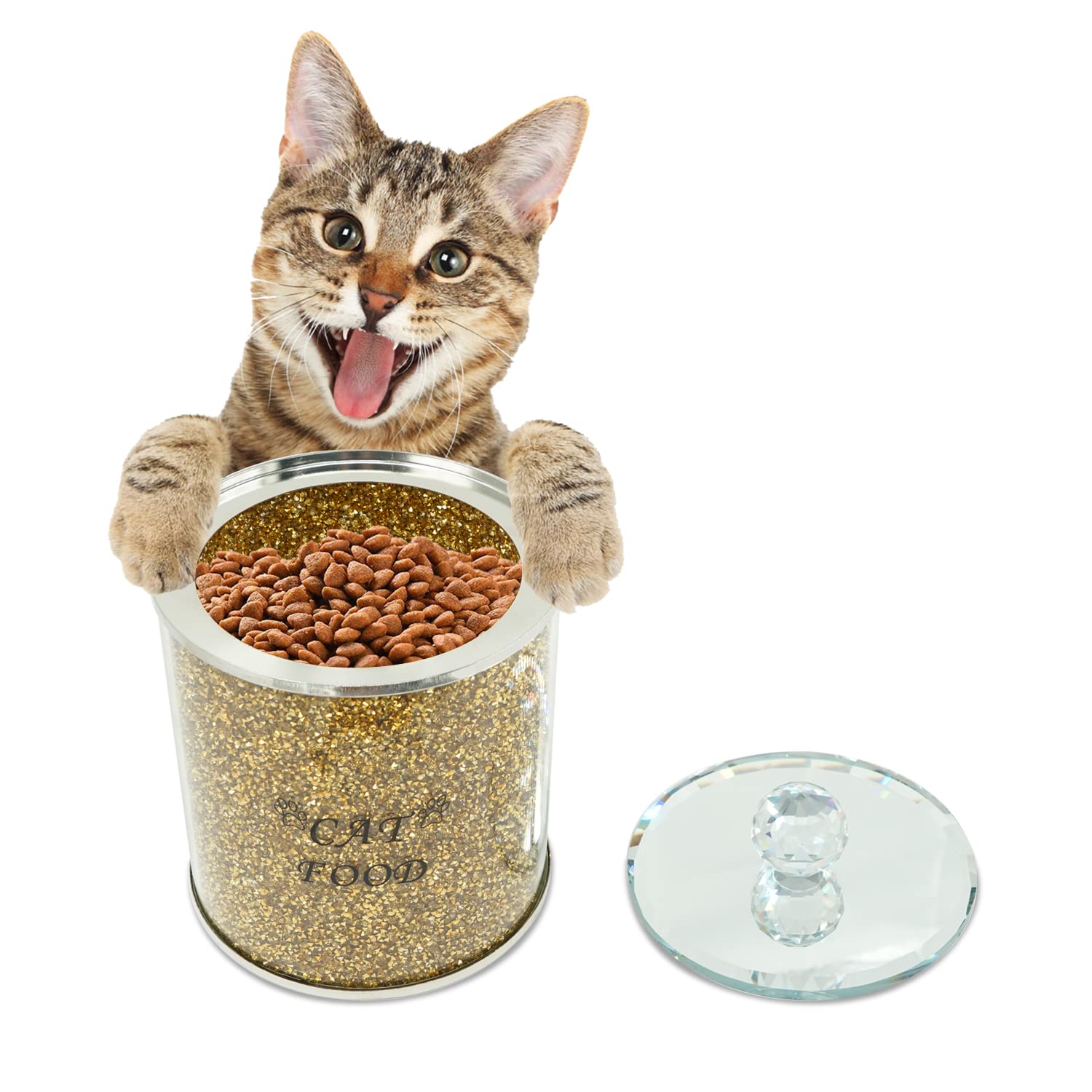 Lmaray Crushed Diamonds Crystal Cat Food Storage Container with Lid - Airtight Pet Food Storage Tin for Dry Kibble & Treats - Elegant Glass Container for Cat Food Organization in Kitchen & Pet Feeding Areas