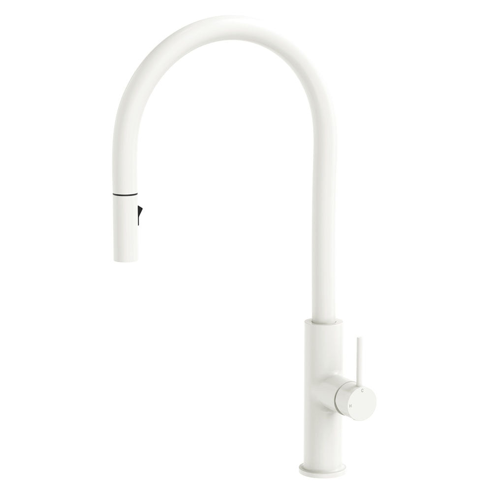 Fienza 228108MW Kaya Pull-Out Kitchen Sink Faucet in Matte White - Modern Single Handle Waterfall Sprayer for Home, Restaurant & Commercial Use