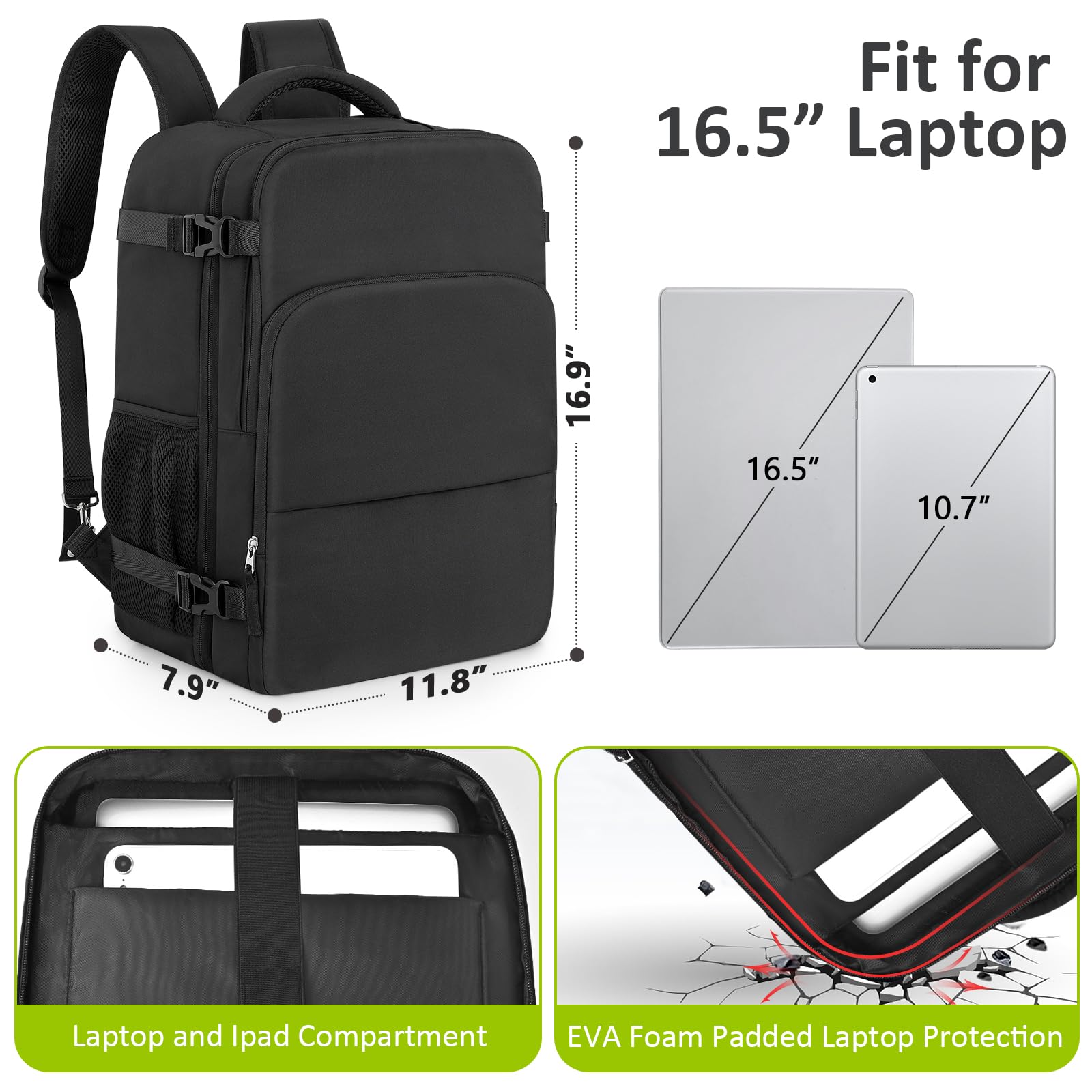 Waterproof Travel Laptop Backpack with USB Charging Port - 15.6 Inch Flight Approved Carry On Backpack for Women & Men - Perfect for Business Travel, Hiking & Weekend Getaways