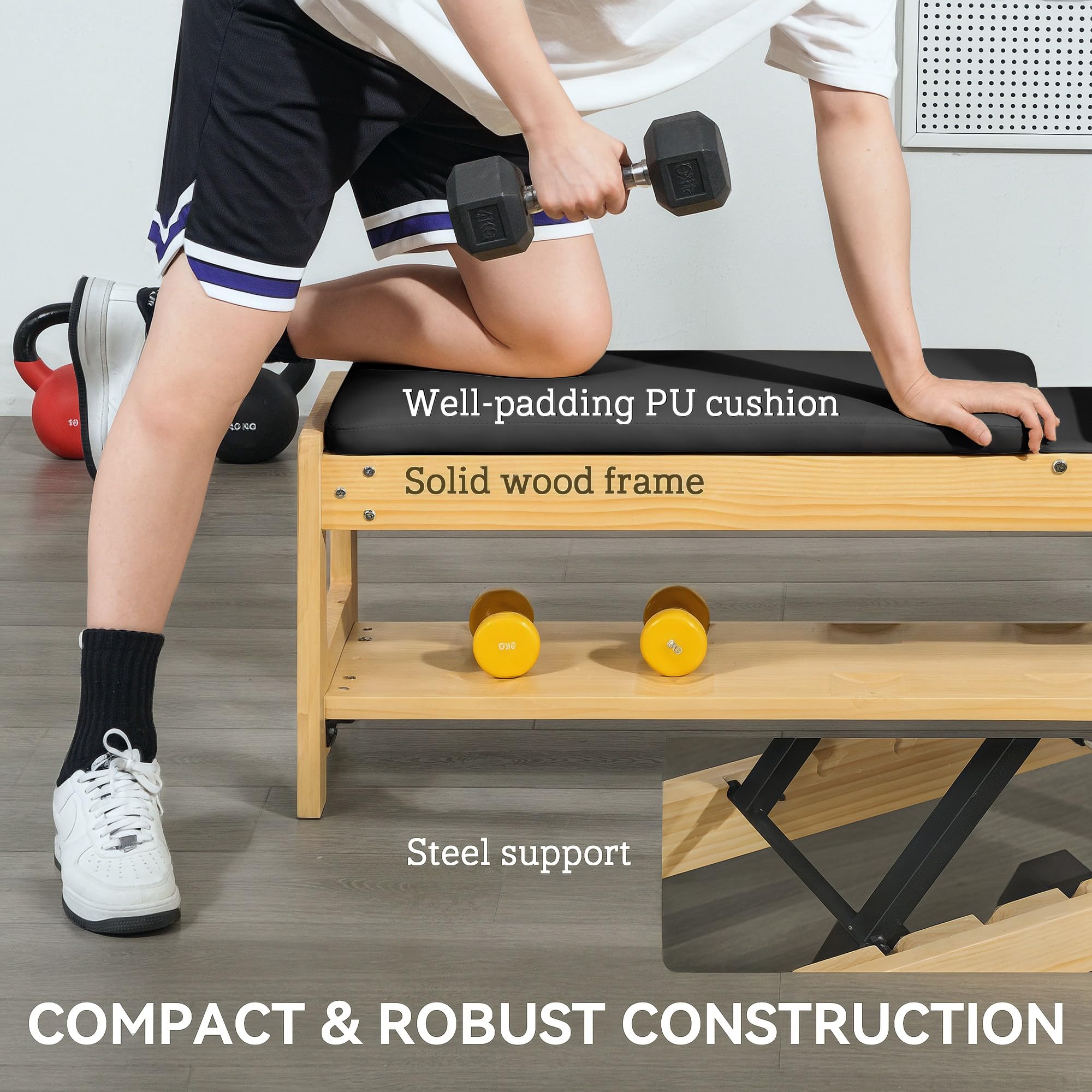 Soozier Adjustable Weight Bench with Dumbbell Rack - Wooden Workout Bench for Home Gym, Flat/Incline Exercise Bench for Strength Training & Weight Lifting - Perfect for Home Fitness, Bodybuilding & CrossFit Workouts