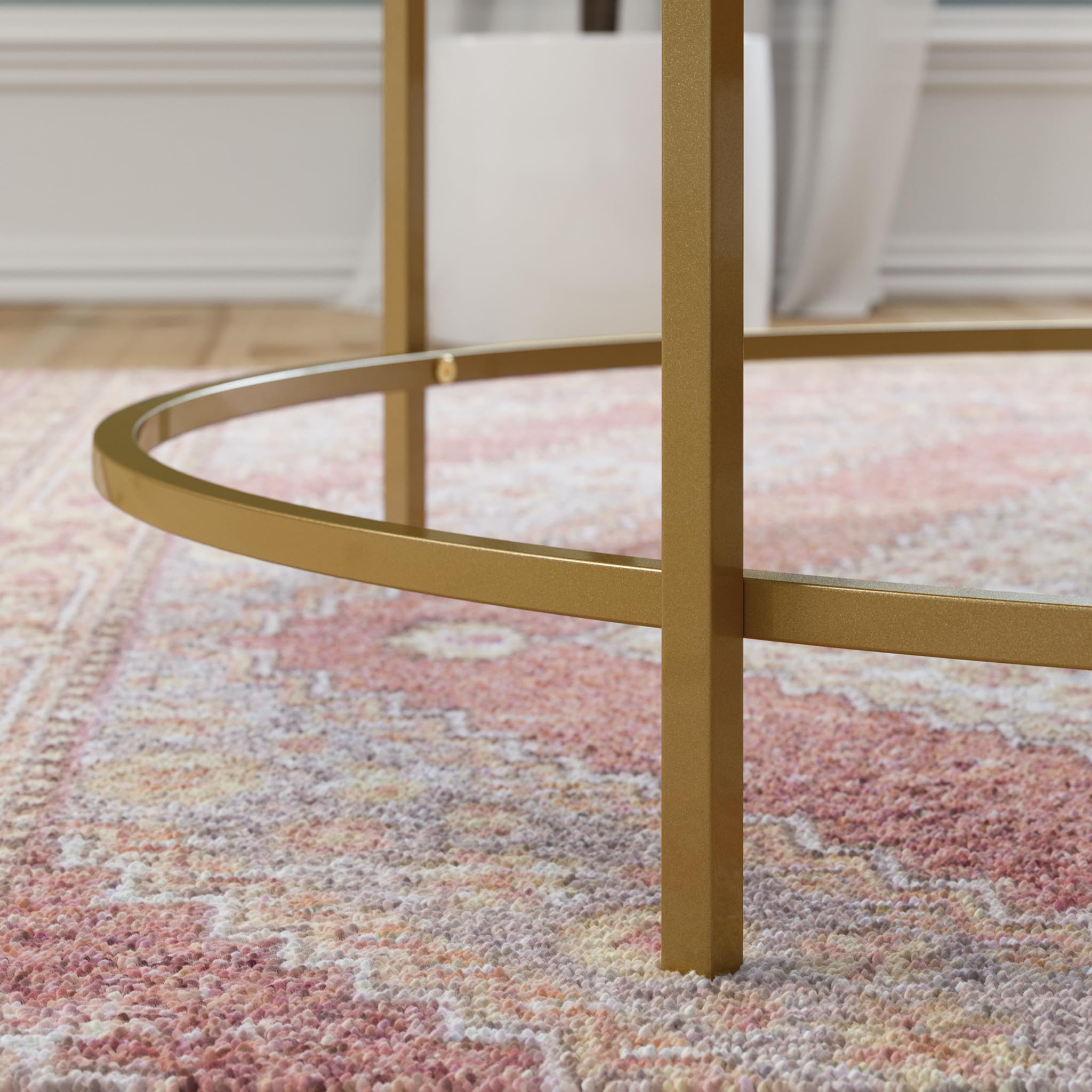 Sauder International Lux Round Modern Coffee Table with Chic Satin Gold Frame & Sindoori Mango Finish - Perfect for Living Room, Lounge, and Office Decor