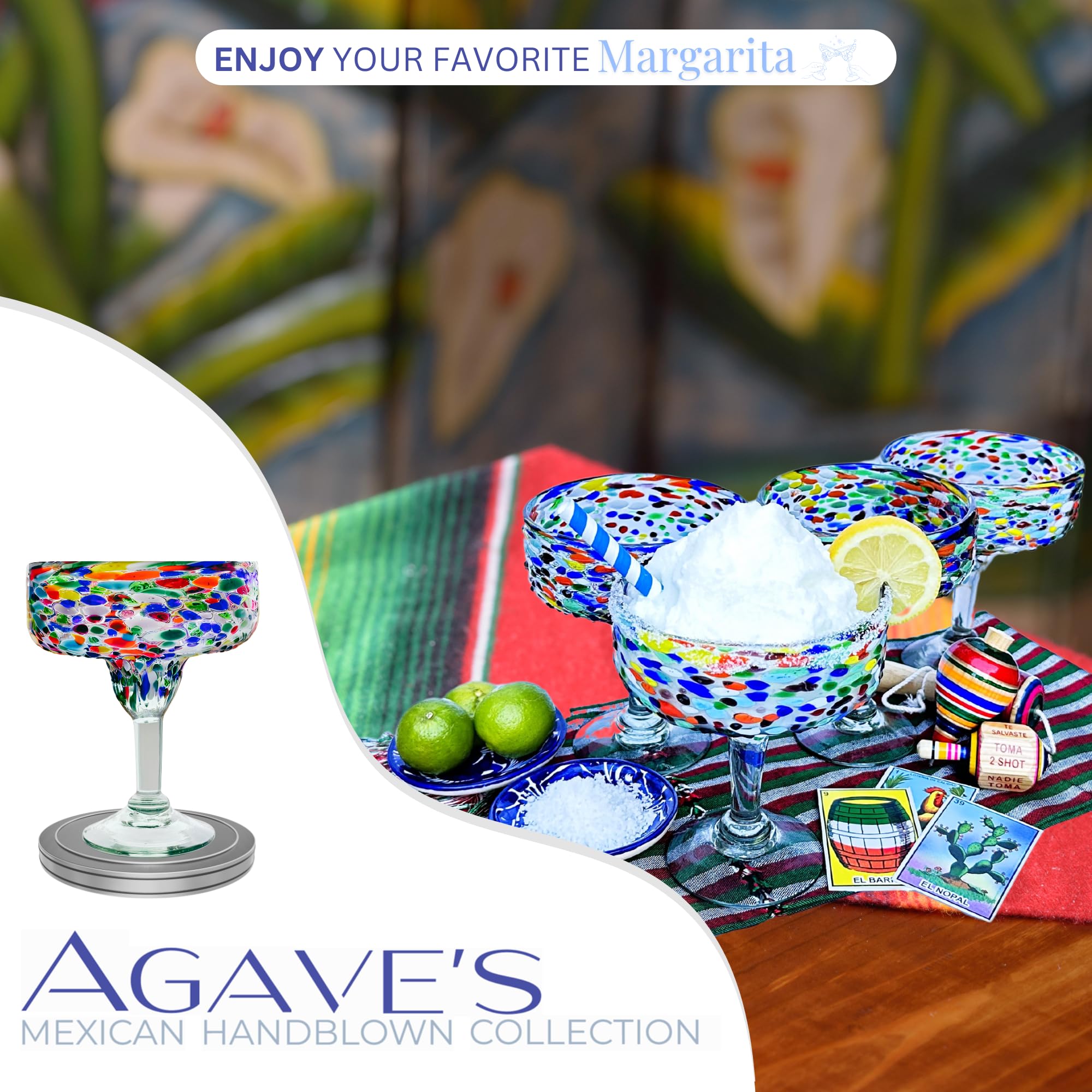 AGAVE'S GLASSWARE Handmade Mexican Margarita Glasses Set of 4 (16 oz) - Colorful Rock Coupe Cocktail Glasses with Gift Box | Perfect for Margaritas, Cocktails, and Party Entertaining