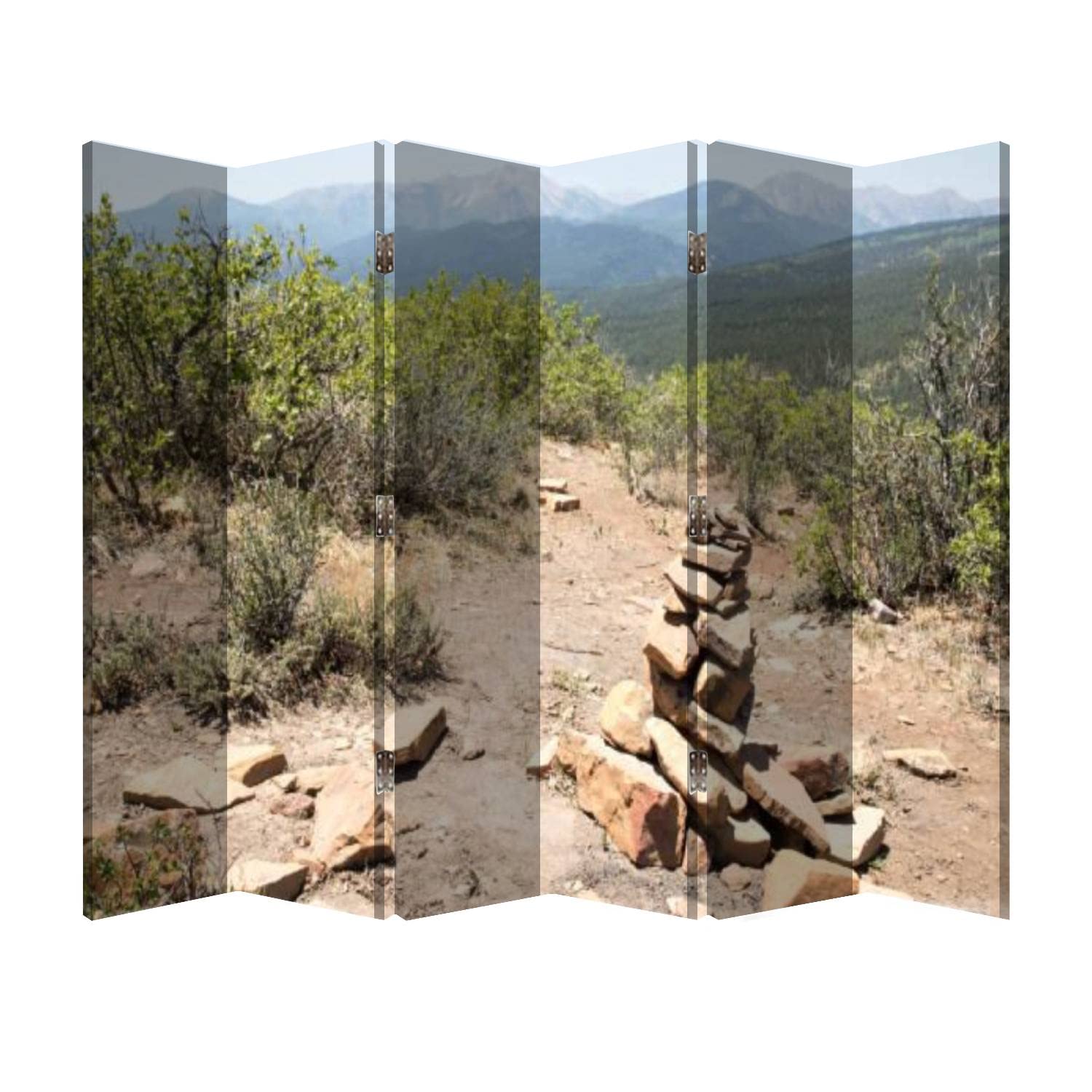6 Panel Wooden Folding Room Divider Screen - Canvas Privacy Partition for Office & Home Decor | Rock Cairn Design Inspired by Animas Mountain Trail in Durango Colorado | Perfect for Room Separation, Yoga Space & Home Staging