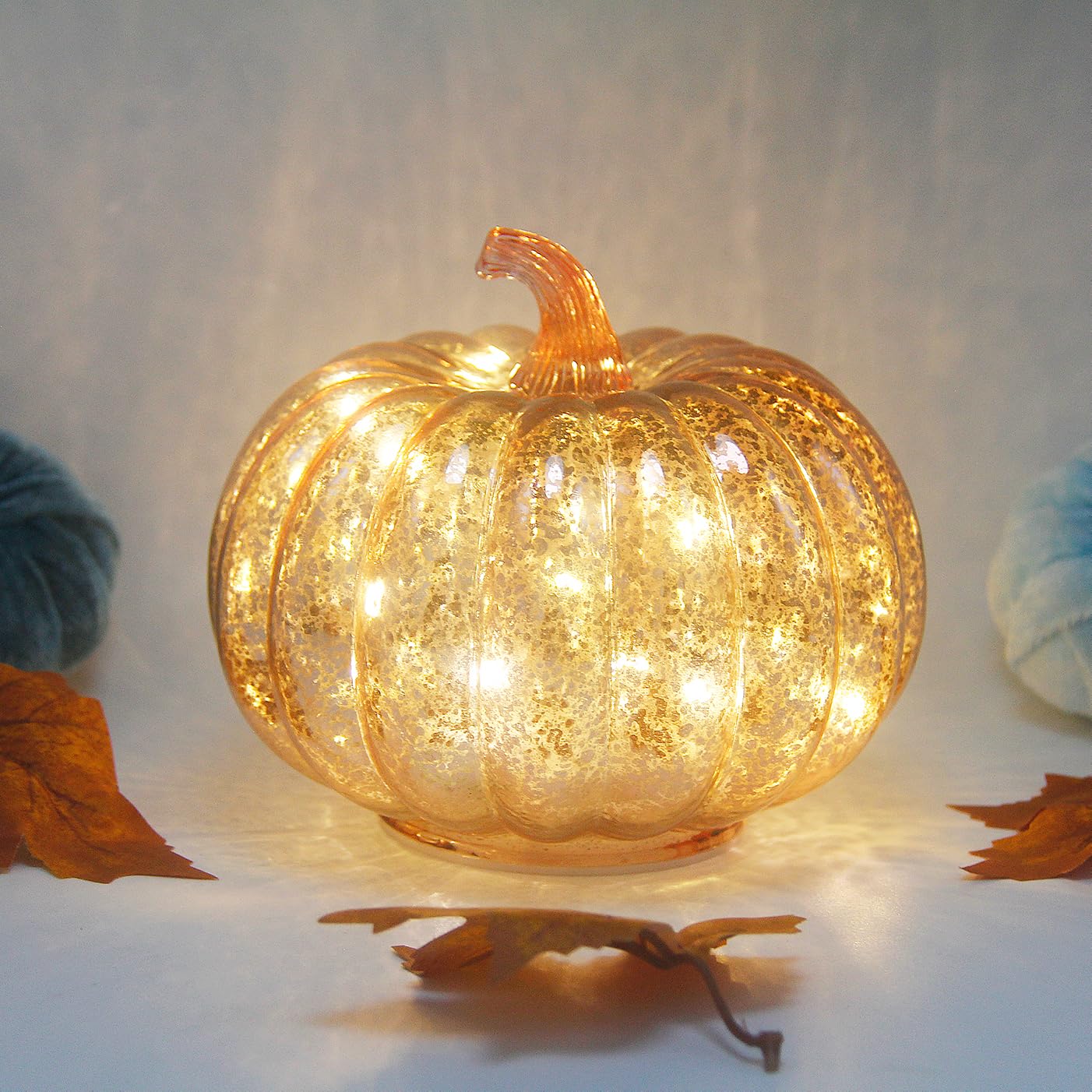 Mercury Glass Pumpkin Light with Timer - Battery Operated LED Pumpkin with 10 Warm White Fairy Lights Inside | Perfect for Halloween Decorations, Fall Centerpiece, Thanksgiving Table Decor, Christmas Home Decor & Rustic Wedding Accents (Rose Gold)
