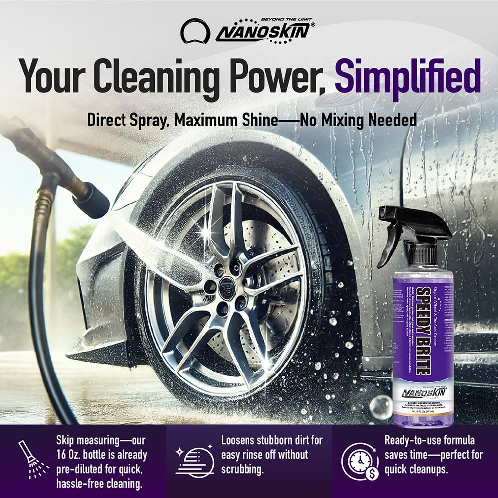 Nanoskin SPEEDY BRITE Pro Grade Wheel & Tire Acid Cleaner - 16 Oz | Safe for Chrome & Coated Wheels | Organic Acid Formula | Removes Brake Dust & Road Grime | Ideal for Auto Detailing & Body Shops | Perfect for Car Enthusiasts & Professional Detailers