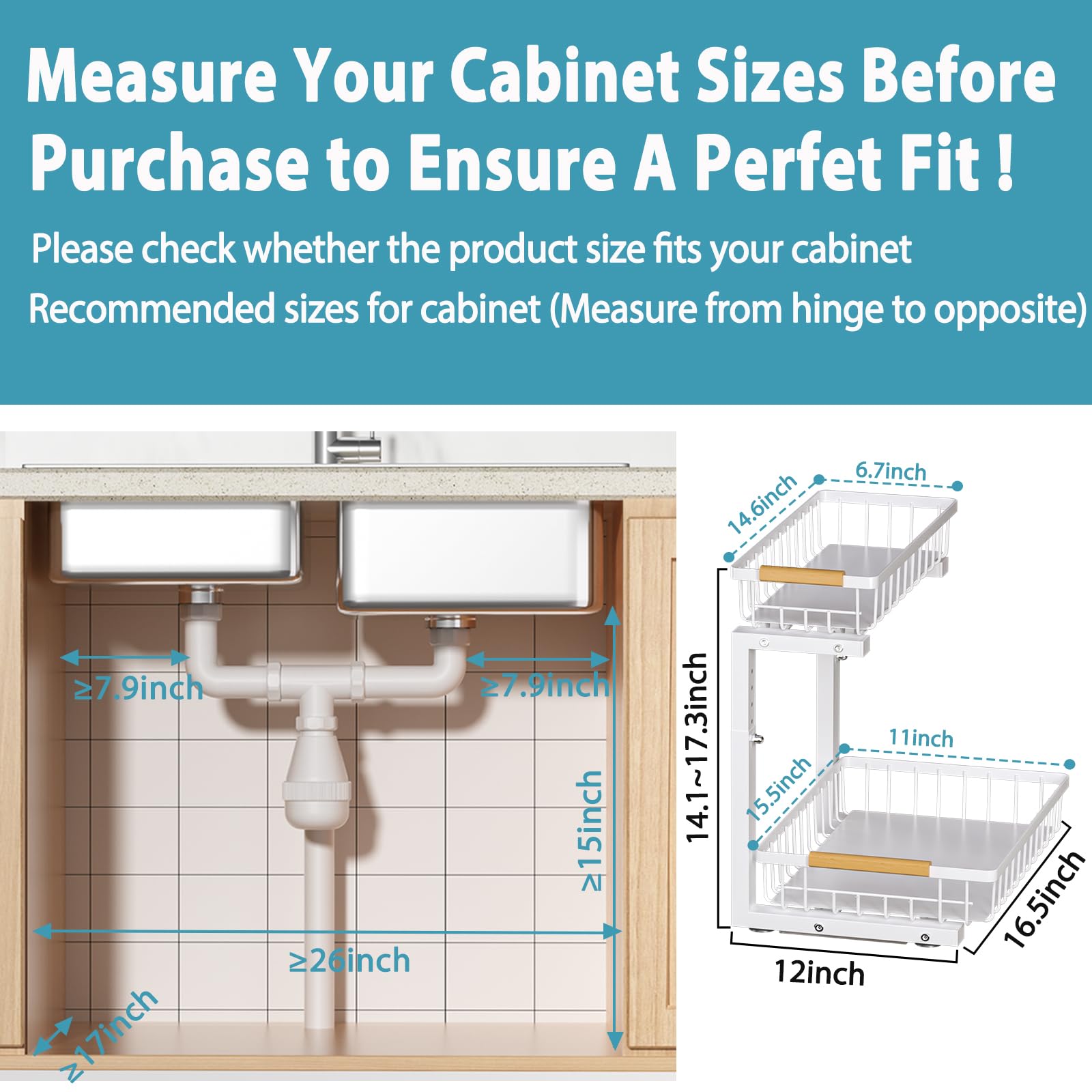 2-Pack Under Sink Organizer with Slide-Out Shelves | Adjustable Height Pull-Out Cabinet Drawers | White Metal Storage Shelf for Kitchen & Bathroom | Perfect for Maximizing Under-Sink Space & Organizing Cleaning Supplies