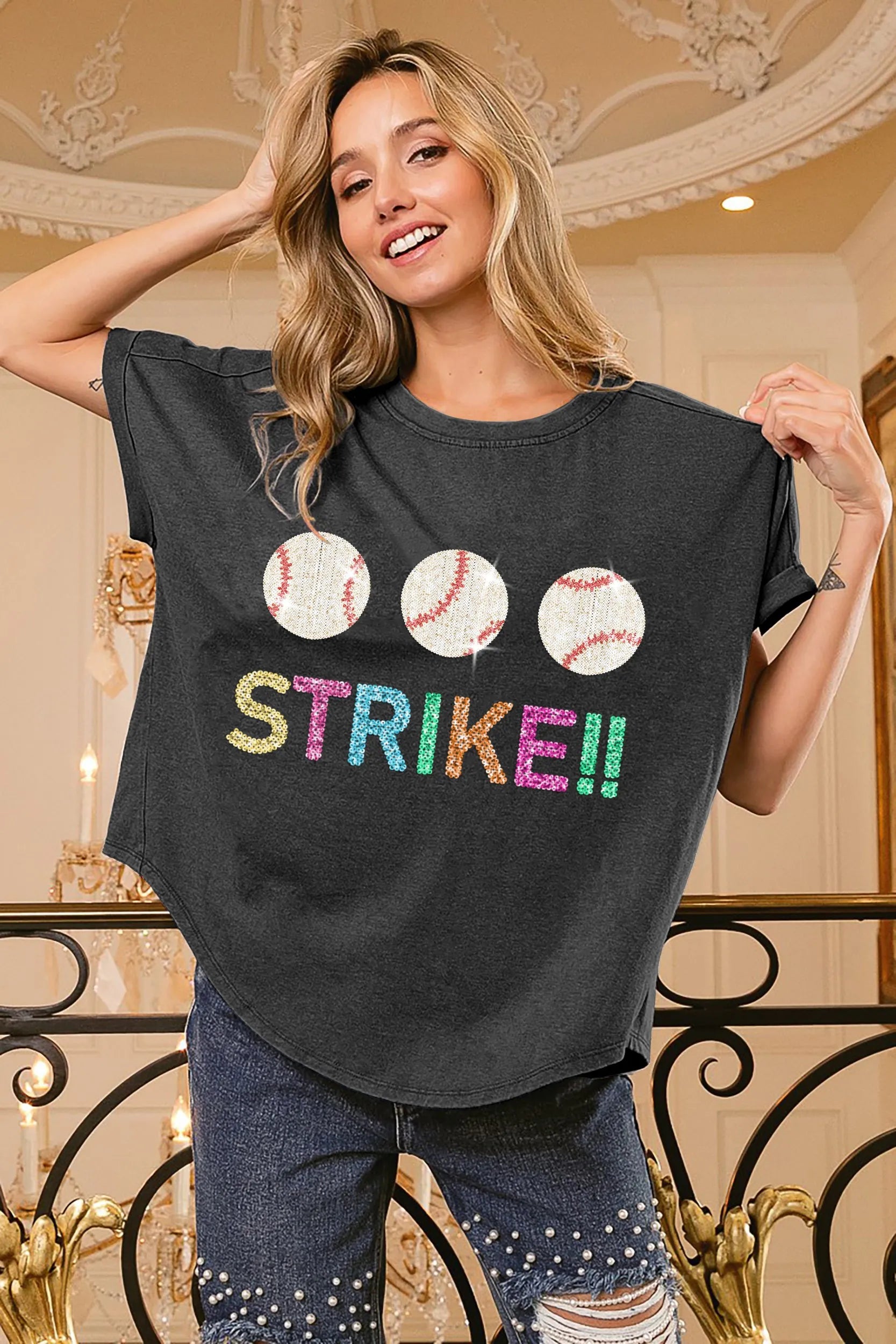 BiBi Sequin Baseballs Strike Washed Short Sleeve T-Shirt | Trendy Casual Top for Women | Perfect for Parties, Concerts & Night Out