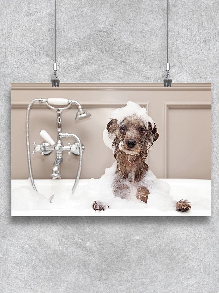 Smartprints Little Terrier Taking A Bath Poster - Cute Dog Wall Art for Bathroom Decor, Nursery, Kids Room & Pet Lover Gifts