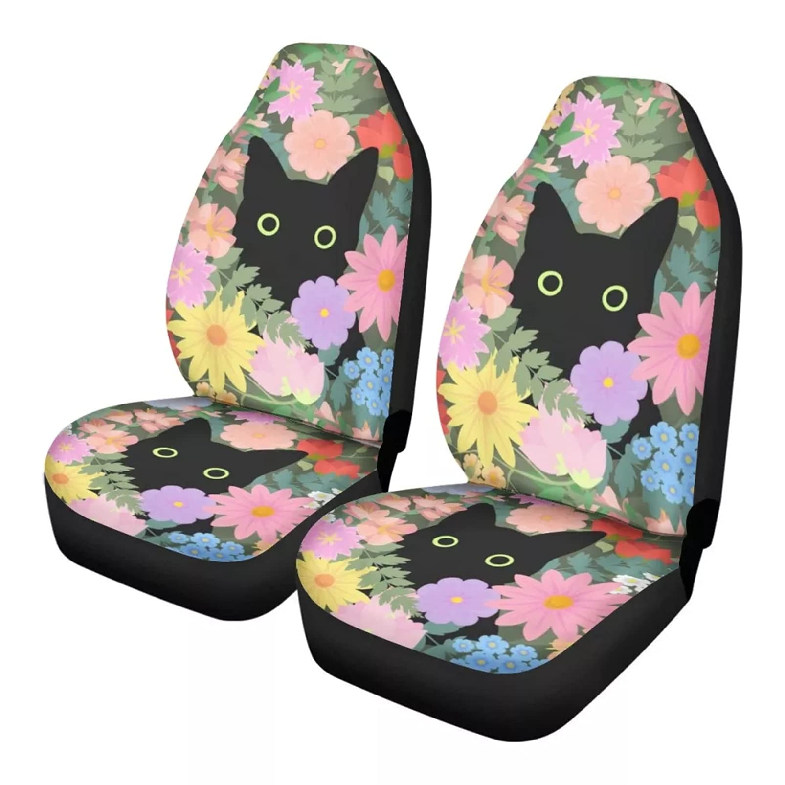 UZZUHI Cartoon Floral Cat Car Seat Covers - 2-Piece Front Bucket Seat Protectors for Women & Men | Cute Auto Interior Accessories | Universal Fit for Car, Truck & SUV | Perfect for Pet Lovers & Stylish Drivers