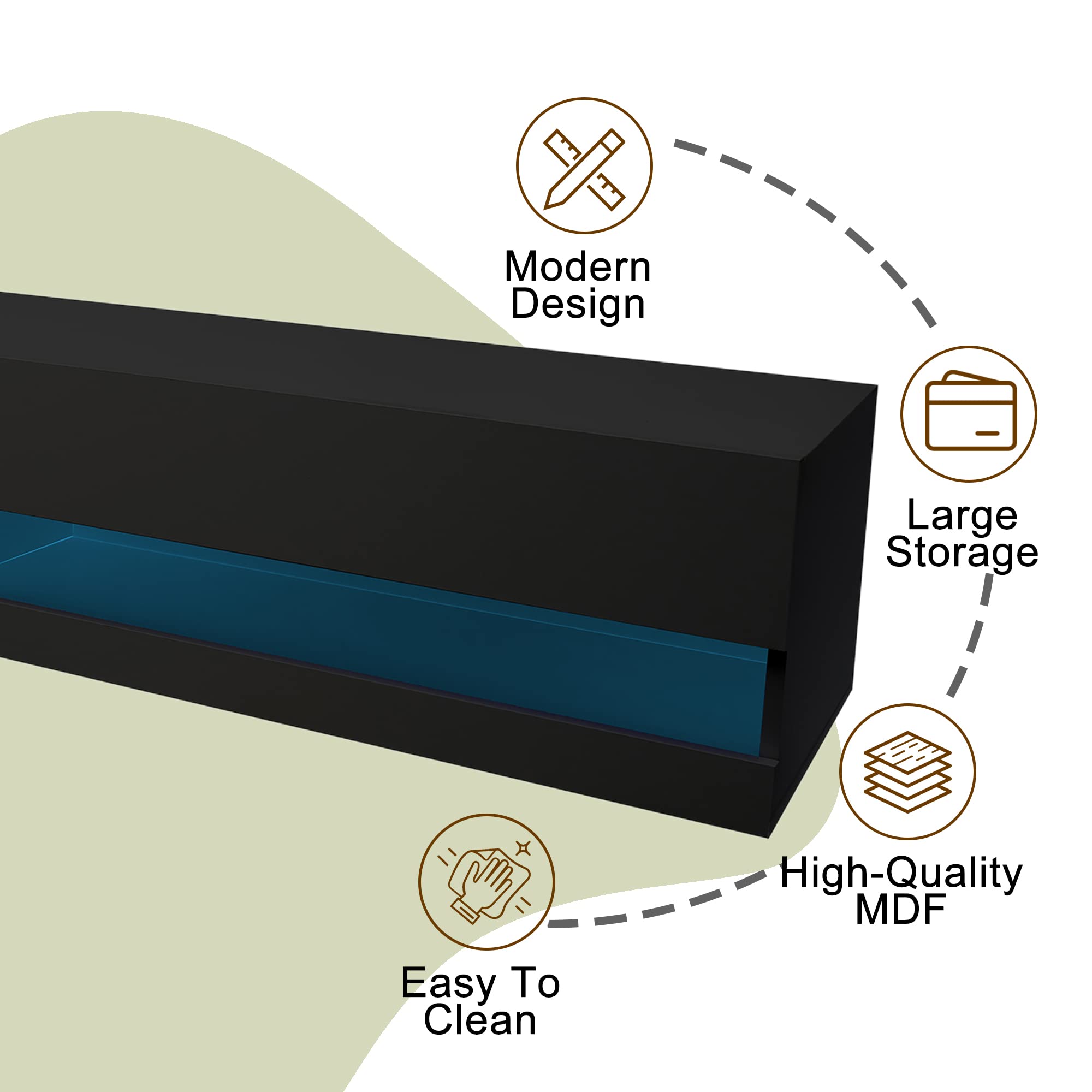 Floating LED TV Stand for 65-80 Inch TVs - Modern High Gloss Wall Mounted Entertainment Center with LED Lights - Black | Perfect for Living Room, Bedroom & Home Theater Setup