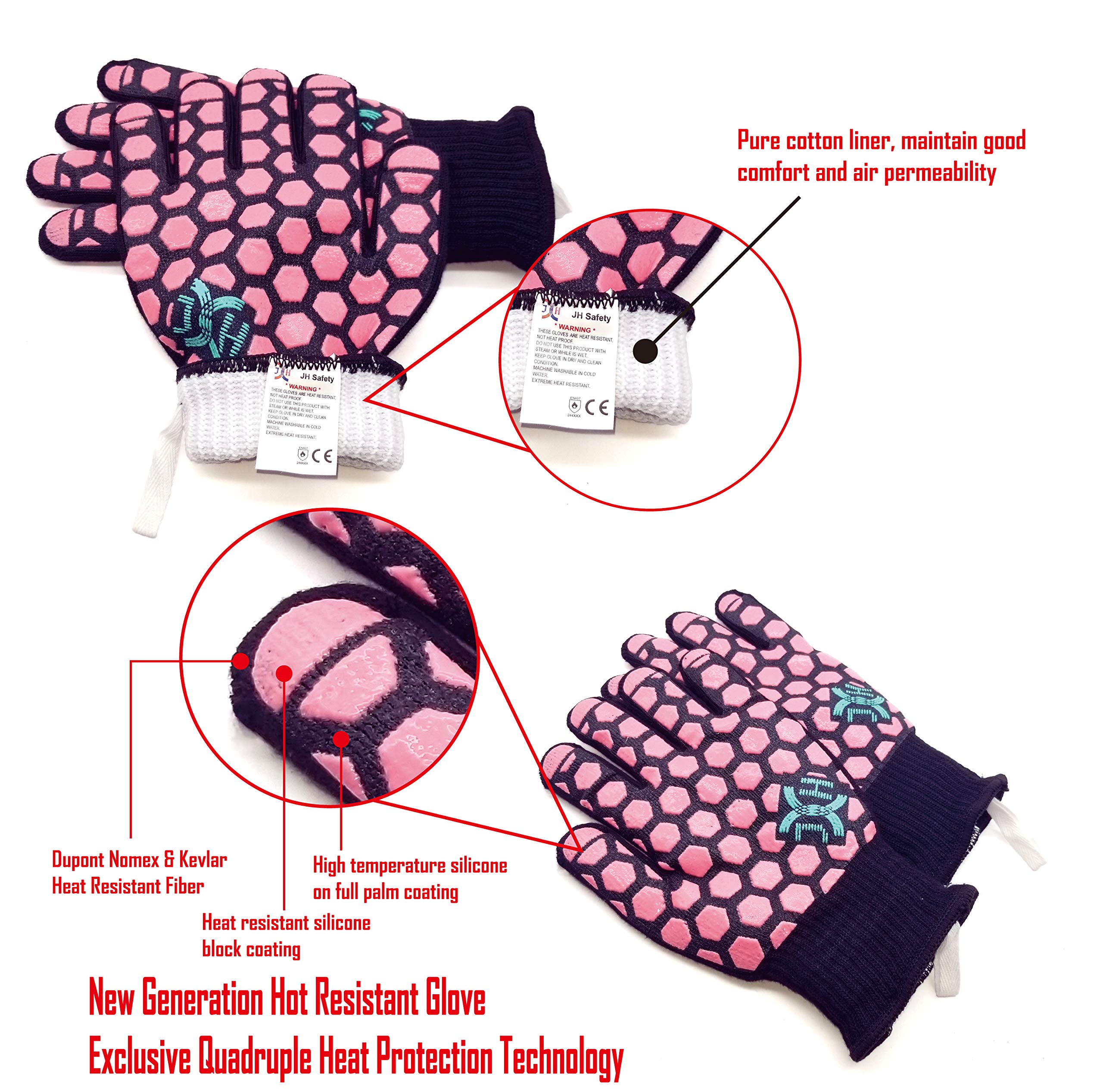 Heat Resistant Oven Gloves - EN407 Certified Up to 932°F, Double Layer Silicone Coating for Maximum Protection - Perfect for Baking, Cooking, Grilling & Fireplace Use - One Pair (Black with Coral Trim, Universal Women's Size) - Ideal for Home Kitchens, BBQ Parties & Camping