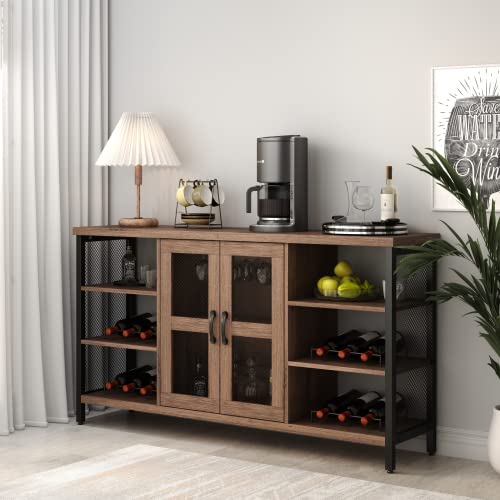 Rustic Oak Wine Bar Cabinet - 55 Inch Floor Standing Liquor & Glass Storage Cabinet for Living Room, Dining Room & Home Bar - Multifunctional Wine Display & Organizer with Shelves for Bottles, Stemware & Bar Accessories