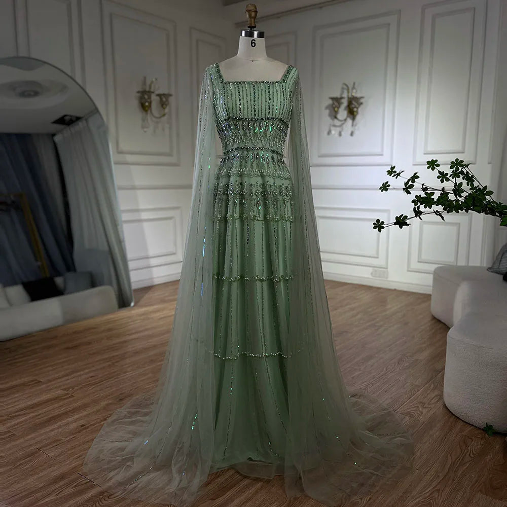 Elegant Dubai Arabic Sage Green Evening Gown with Cape Sleeves - LA72595 | Formal Gown for Weddings, Galas & Special Occasions