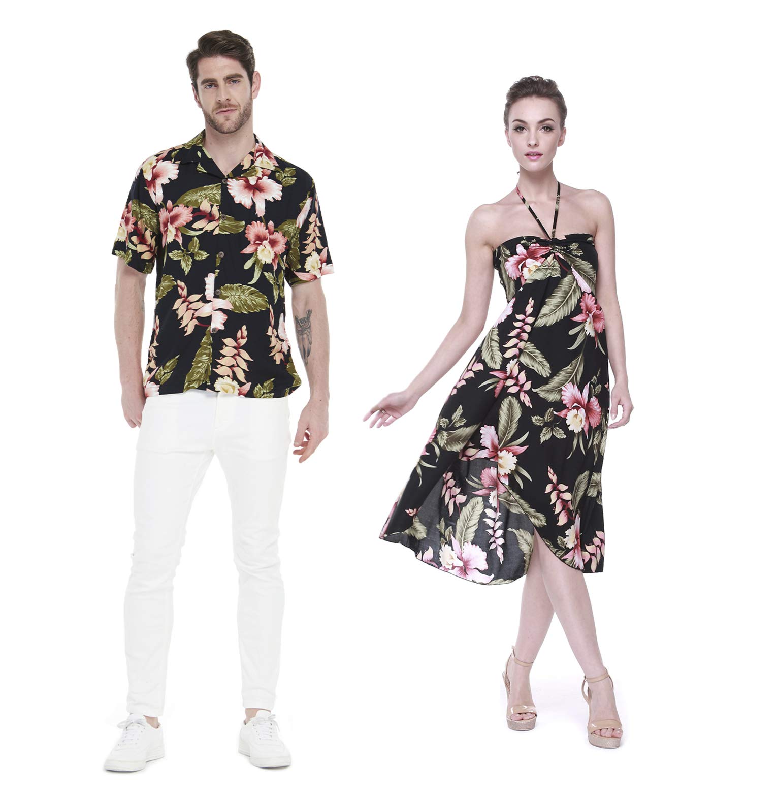 Couple Matching Hawaiian Luau Party Outfit Set - Black Rafelsia Shirt & Dress for Tropical Beach Vacation, Summer Festival, and Hawaiian Theme Parties