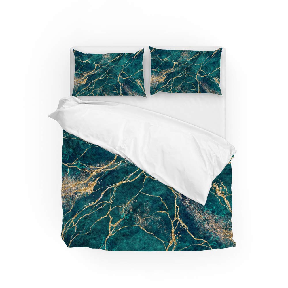 Green and Gold Duvet Cover Set - 3 Piece Microfiber Comforter Cover with 2 Pillow Shams | Soft, Breathable & Cozy Bedding for Master Bedroom Decor | Perfect for Guest Rooms & Luxury Home Styling