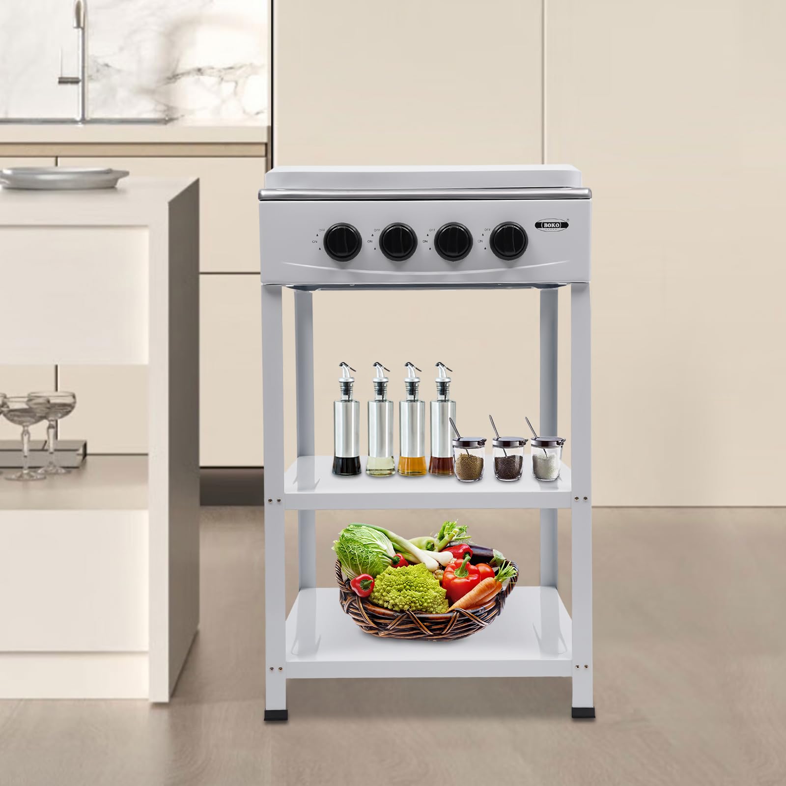 Portable 300,000 BTU 4-Burner Propane Gas Stove for Outdoor Camping, RV, Picnic & BBQ - Includes Windshelter & 2-Tier Storage Rack - White Camping Cooking Set for Backyard, Tailgating & Emergency Preparedness