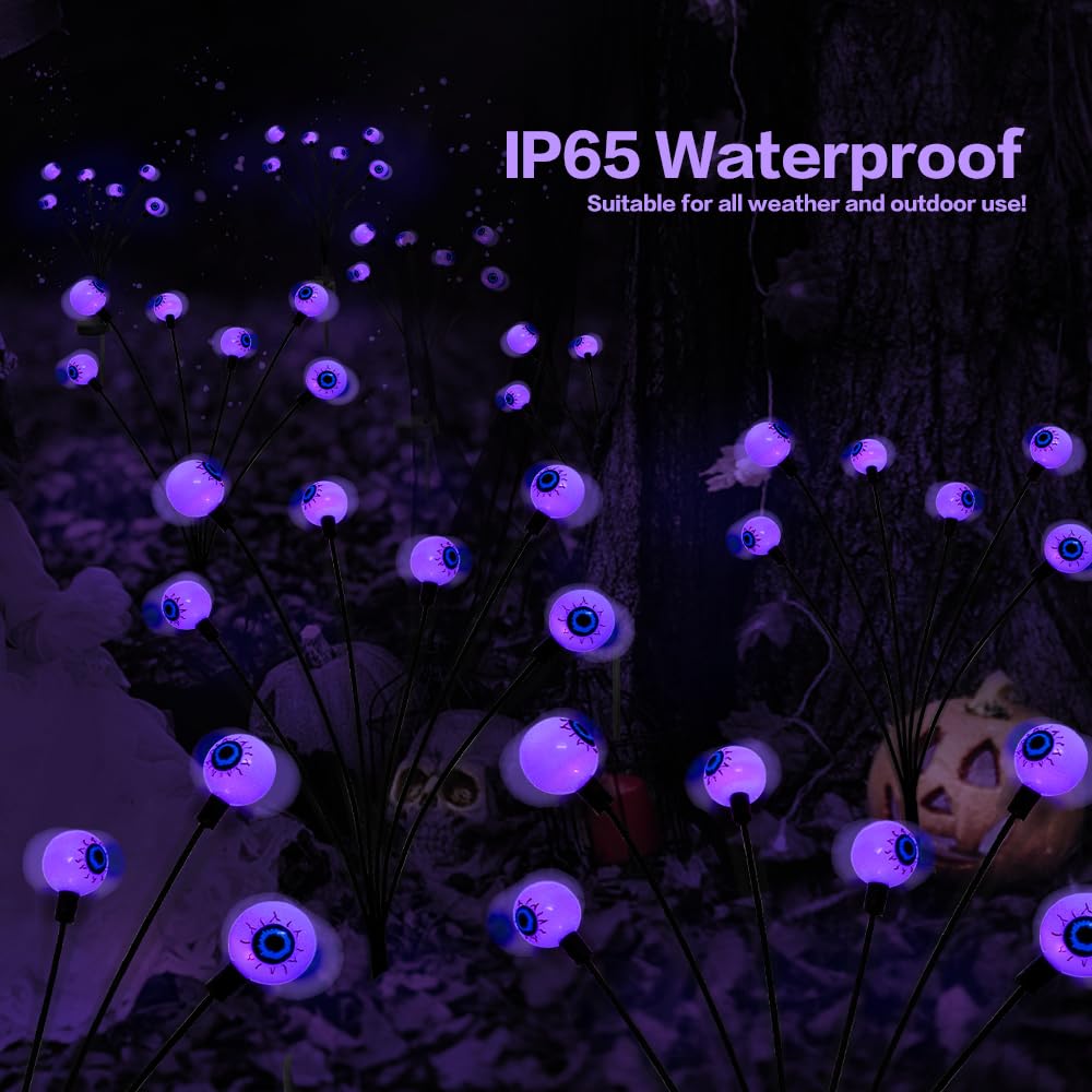 2 Pack Scary Eyeballs Solar Garden Lights - Halloween Outdoor Decor with 12 LED Purple Swaying Firefly, Waterproof Lawn & Patio Party Decorations - Perfect for Spooky Yard, Garden & Halloween Party Decor