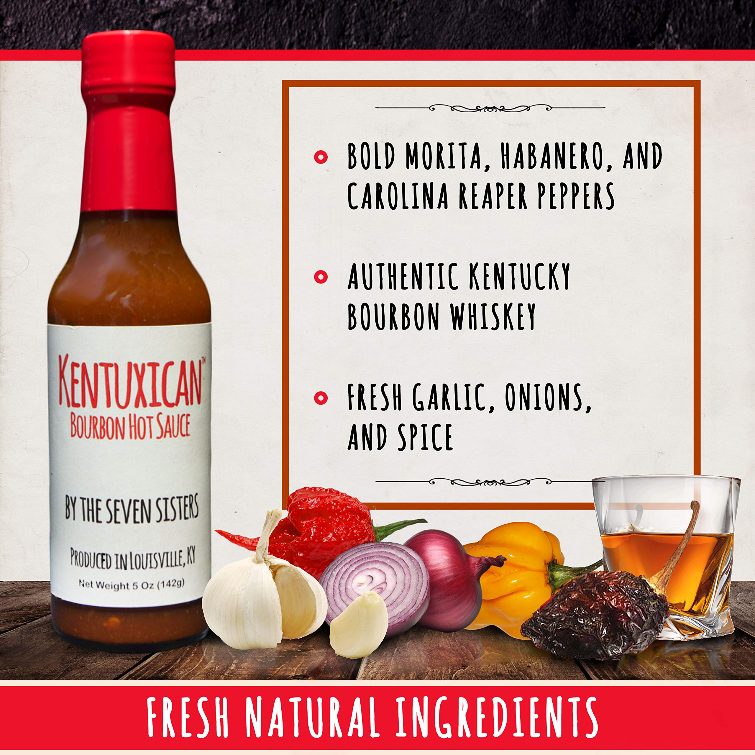 Kentuxican Bourbon Hot Sauce - Authentic Mexican Hot Sauce with Kentucky Bourbon, Habanero & Carolina Reaper Peppers - All Natural, Keto Friendly, No Preservatives - 5oz Bottle (Pack of 3) - Perfect for Tacos, Wings, BBQ & Bloody Marys