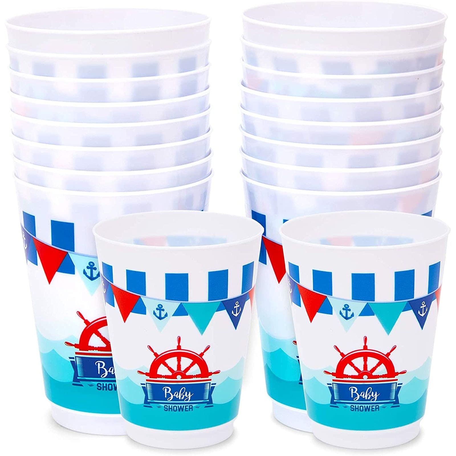 Sparkle and Bash Nautical Themed Plastic Cups - 16oz (16 Pack) for Baby Showers, Birthday Parties & Summer Celebrations - BPA Free Disposable Drinkware for Kids & Adults