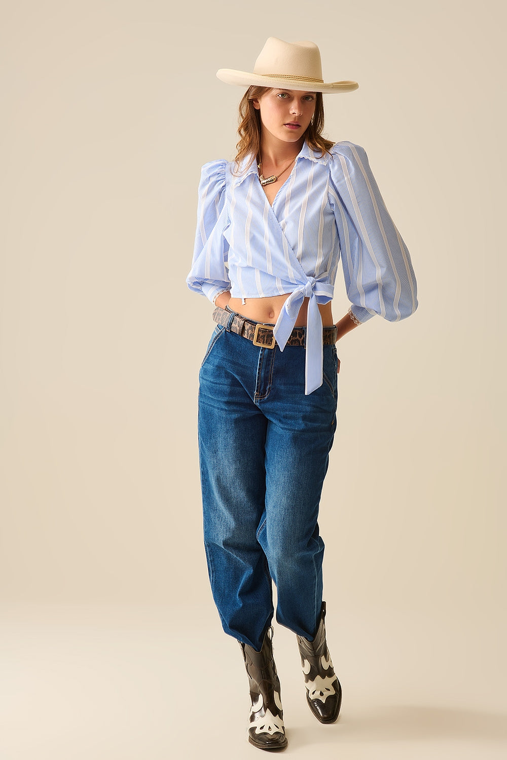 Blue and White Striped Wrap Shirt with Lace Details - Elegant Casual Blouse for Women | Perfect for Office, Date Night & Summer Outfits