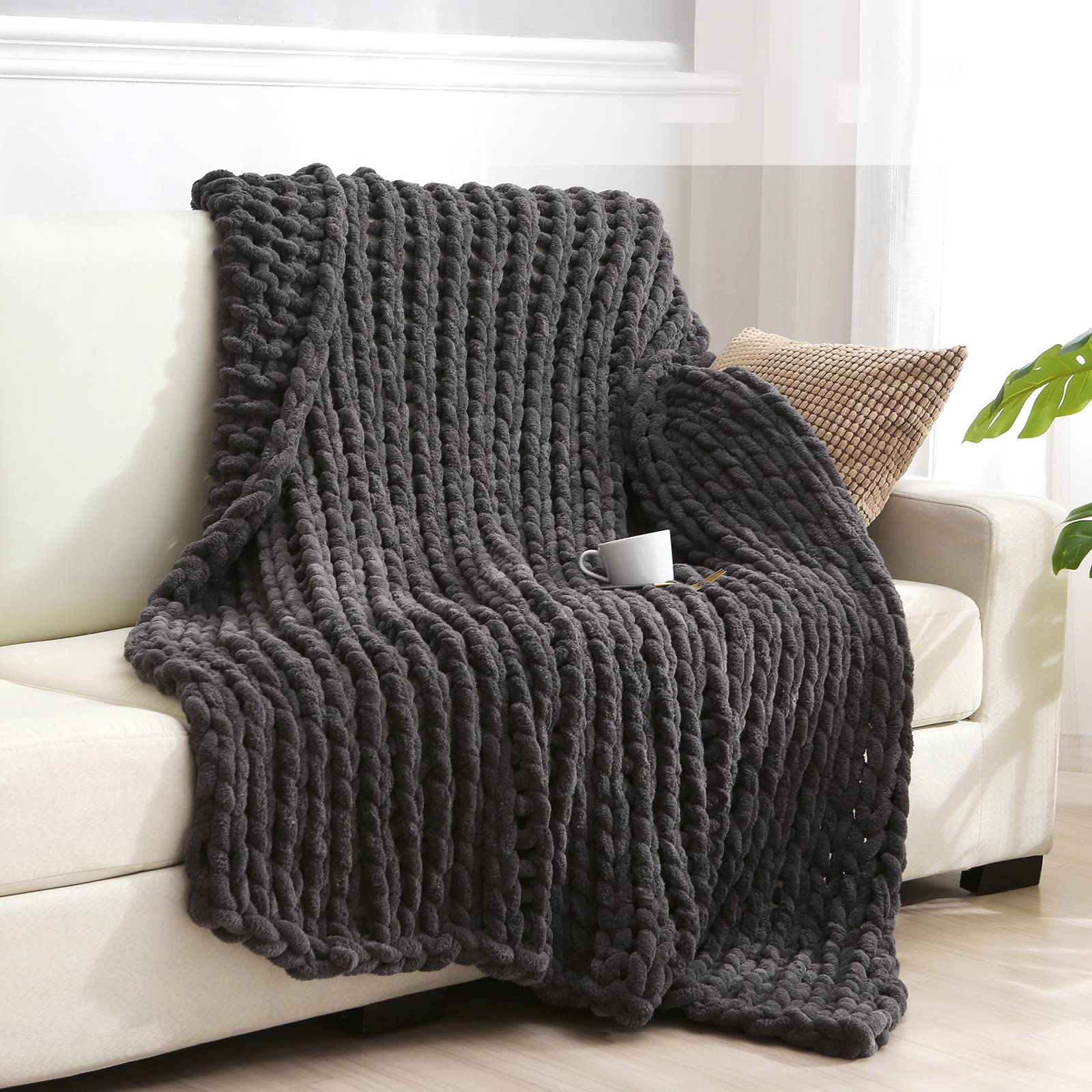 Handmade Chunky Knit Weighted Blanket 48x72 Inches - 100% Chenille Yarn Cable Knit Throw for Adults, Super Soft & Cozy - Perfect for Sofa, Couch, Bed, Home Decor - Dark Grey Twin Size Blanket for Winter, Gift Idea, Stress Relief & Anxiety Comfort