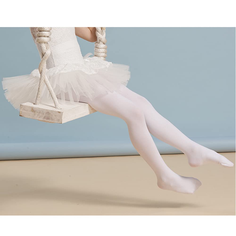 PythJooh Toddler Girls Ballet Dance Tights - White & Pink Footed Tights for Dance Training | Ages 2-14 Years | Perfect for Ballet Class, Recitals & Dance Practice