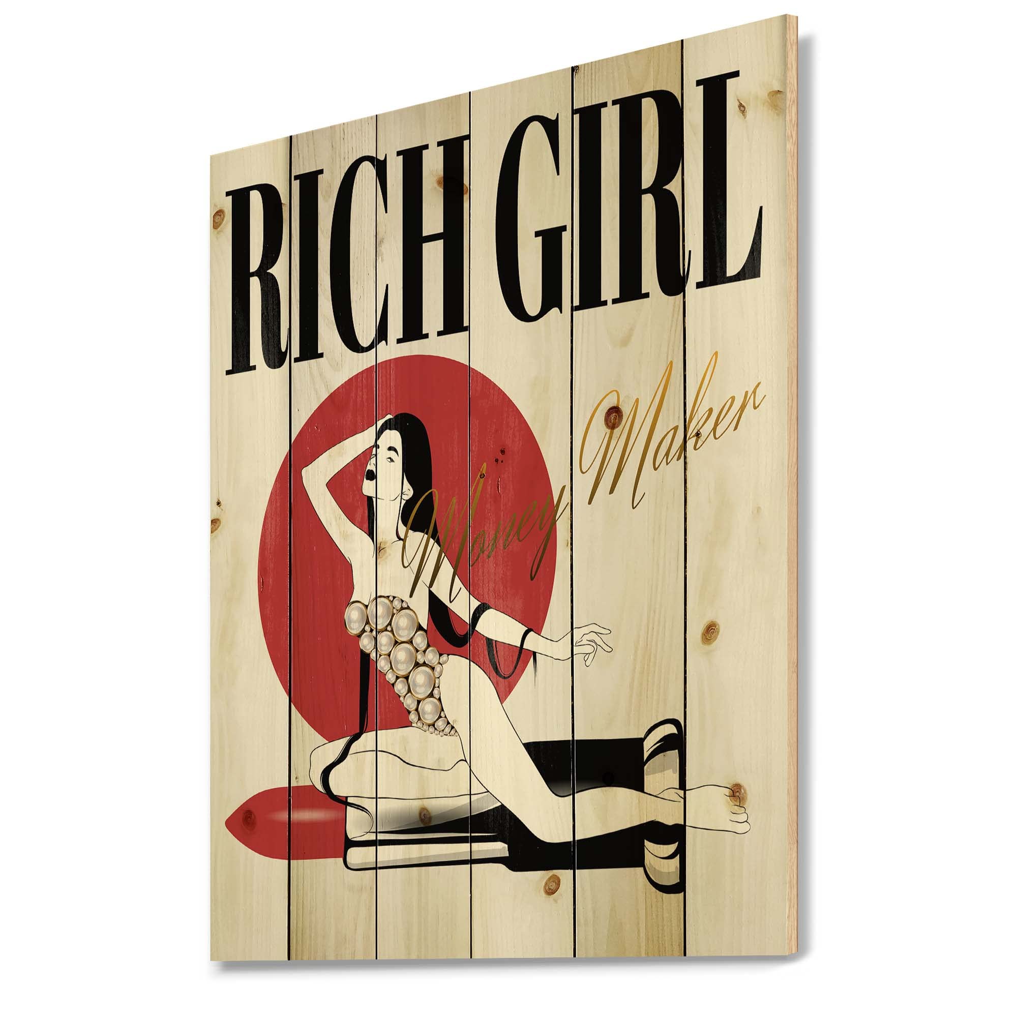 Vintage Wood Wall Decor - DesignQ Girl in Swimsuit with Pomade Art Print on Natural Pine Wood, Large Red Wood Wall Art Panel for Beach House, Bathroom & Retro Home Decor
