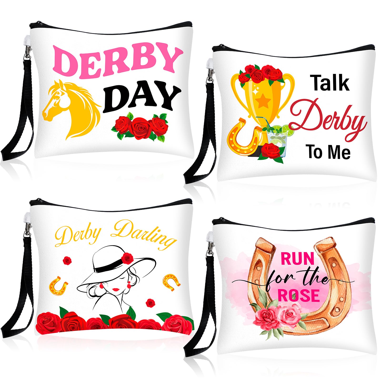 4 Pcs Kentucky Derby Horse Racing Themed Zippered Cosmetic Bags with Handles - Women's Canvas Wristlet Handbags for Makeup & Accessories | Perfect for Derby Parties, Horse Lover Gifts & Everyday Use