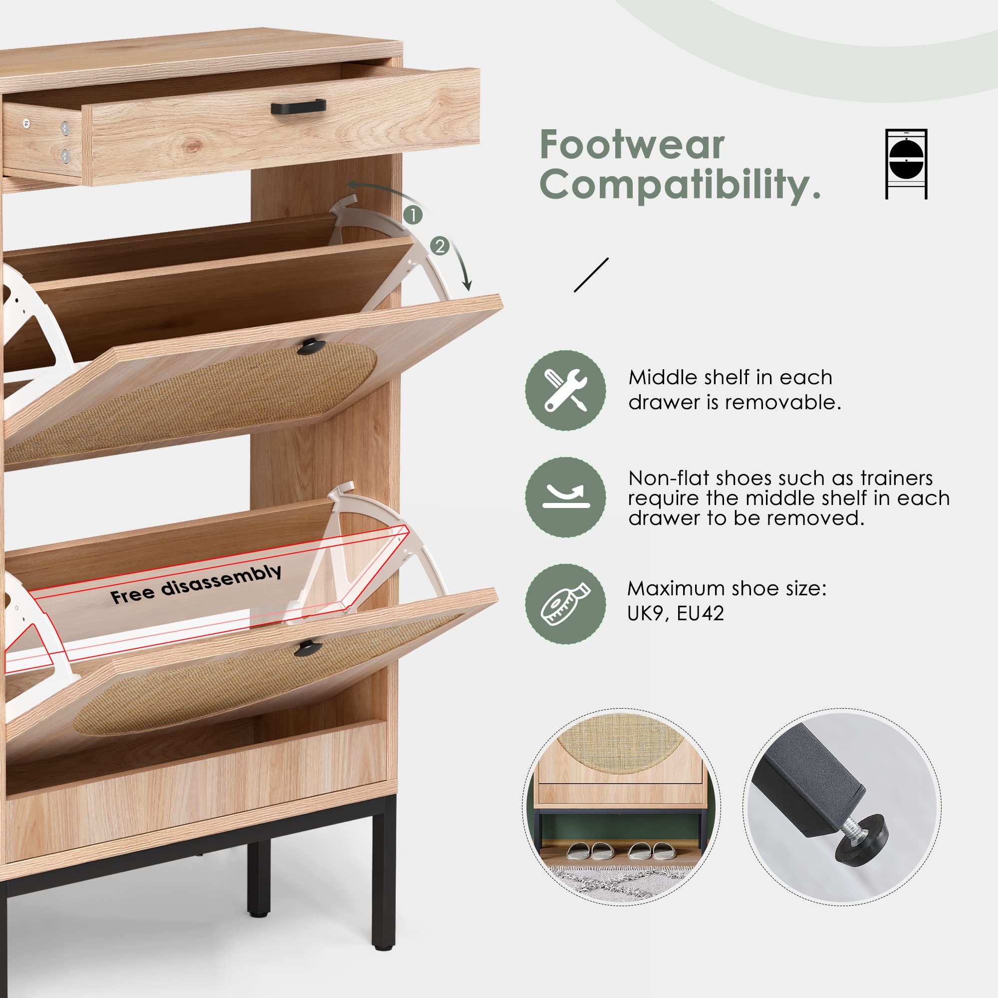 Yechen 2-Tier Wooden Shoe Rack with Rattan Doors - Entryway Shoe Storage Cabinet for Sneakers, Boots, High Heels & Slippers (Oak Finish) - Perfect for Small Spaces, Hallway Organization & Closet Storage