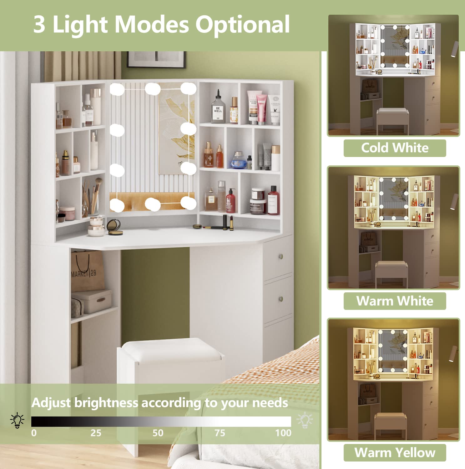 Fameill White Corner Makeup Vanity Desk with LED Lighted Mirror - 46 Inch Dressing Table with 3 Adjustable Lighting Modes & Ample Storage for Bedroom - Perfect for Makeup Application, Skincare Routine, and Home Decor