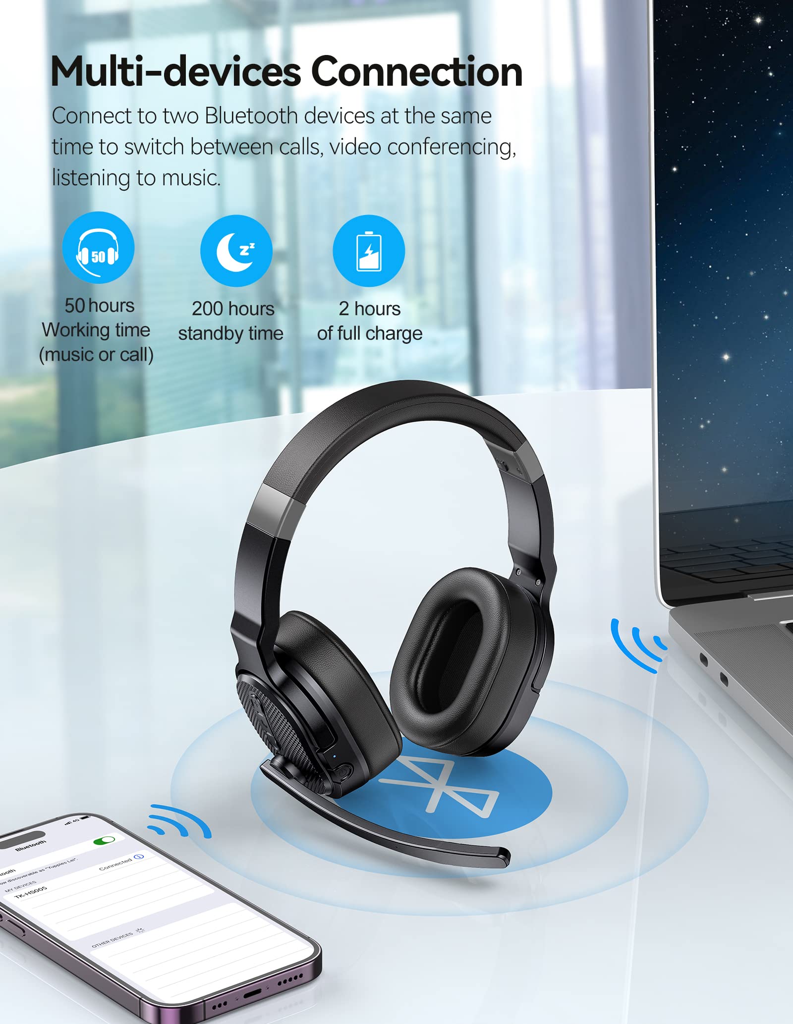 TECKNET Wireless Bluetooth Headset with Microphone - Noise Cancelling 2-in-1 Headphones, 3 EQ Modes, Detachable Boom Mic for Computer, Teams, Skype - Perfect for Office, Call Center, Remote Work & Online Meetings