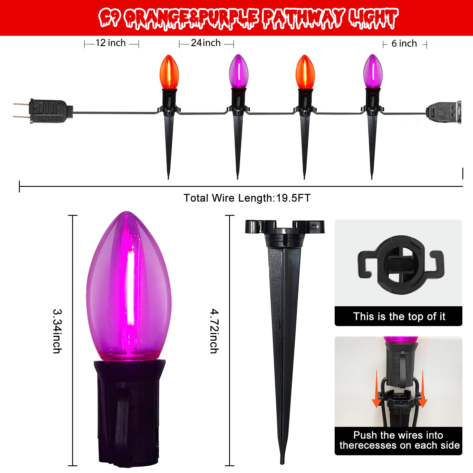 10 Pack Halloween Pathway Lights - Outdoor LED Stake Lights with C9 Clear Purple & Orange Bulbs, 19.5Ft Extendable Walkway Lighting for Garden, Yard, Porch, Driveway & Sidewalk - Perfect for Halloween Party Decorations & Spooky Nighttime Ambiance