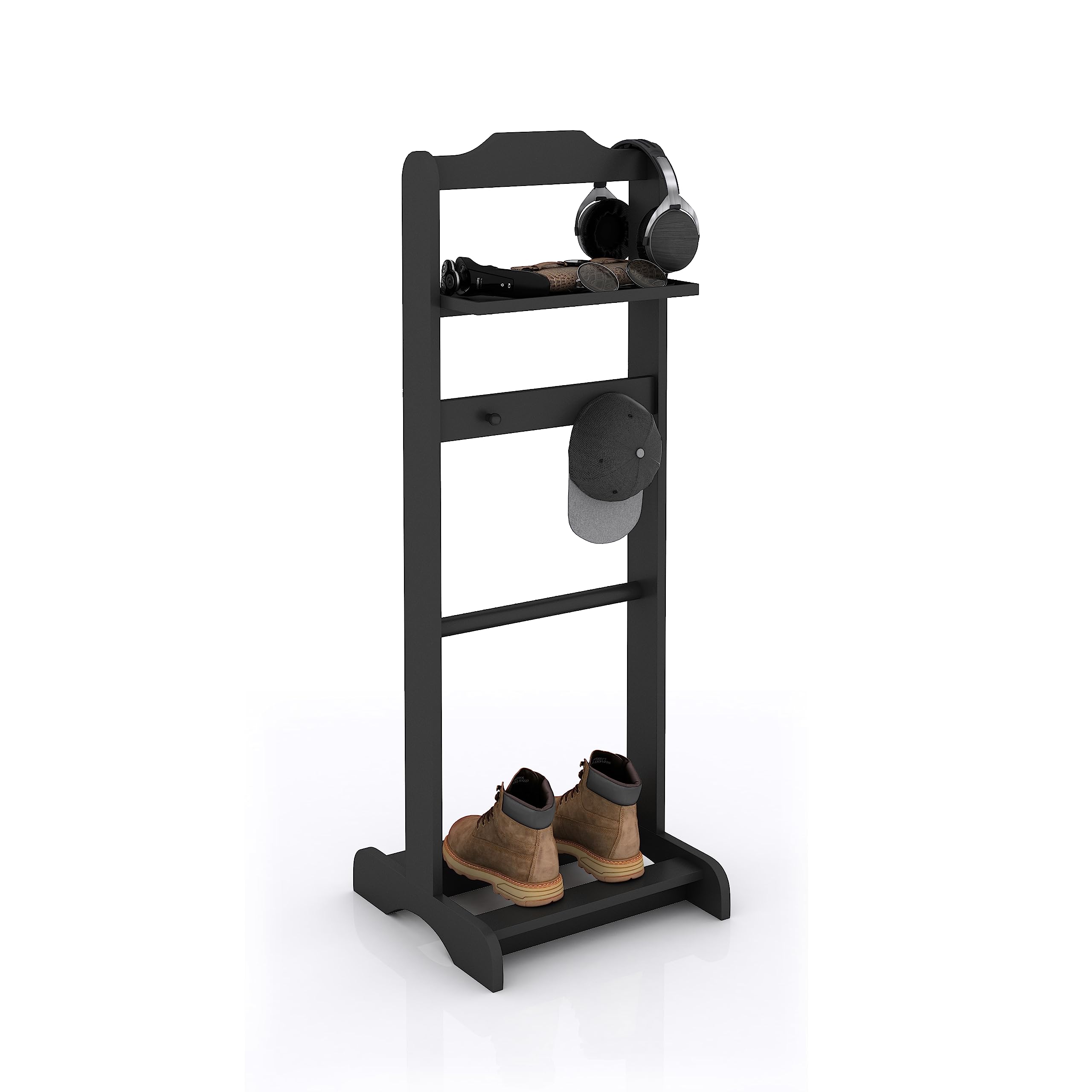 Portable Valet Stand with Top Tray - Foldable Clothes Rack for Entryway, Office & Living Room - Space Saving Garment Organizer (Black) | Perfect for Small Spaces, Guest Rooms & Daily Outfit Planning