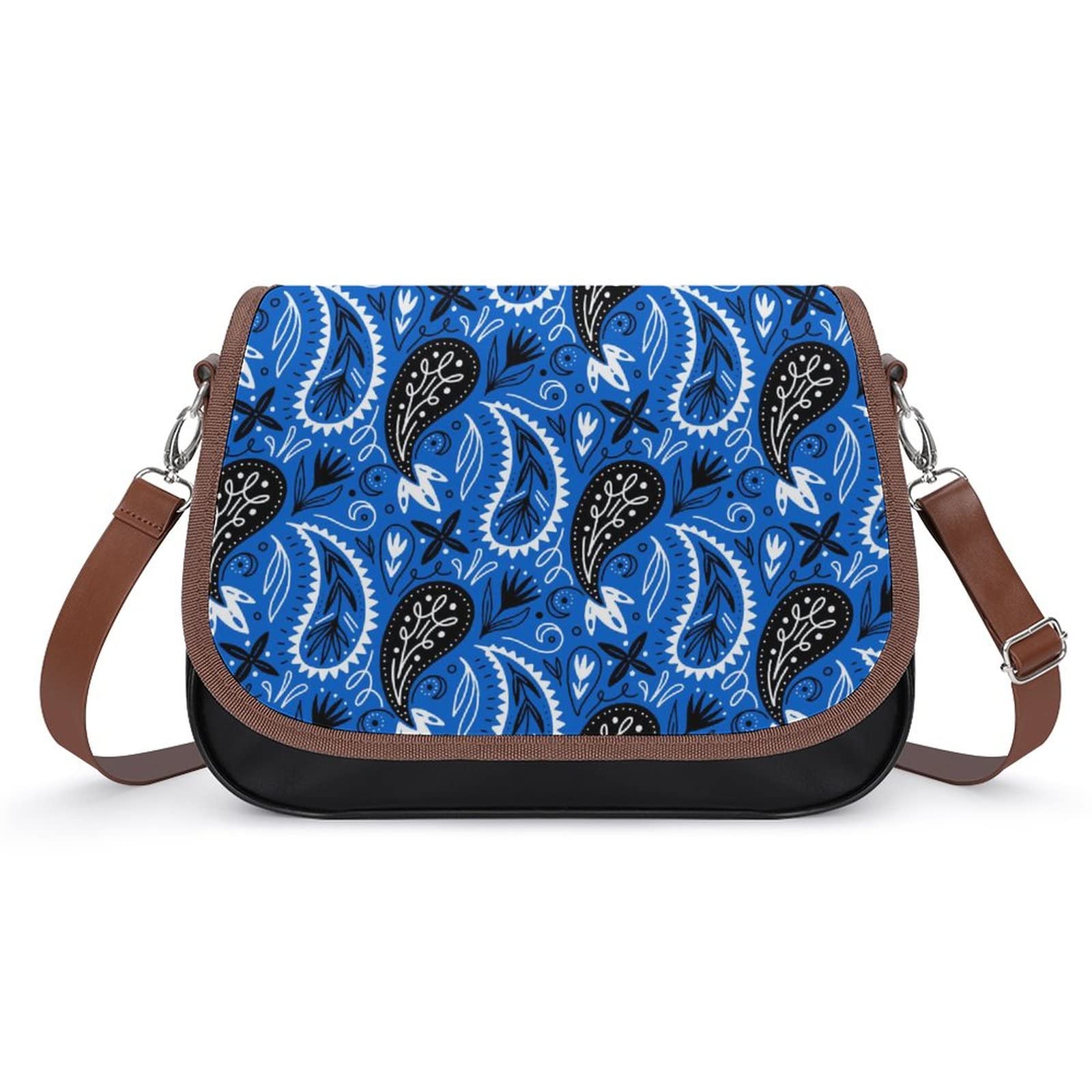 Printed Shoulder Crossbody Bag for Women - Genuine Leather Hobo Purse with Top Handle - Medium Size Paisley Blue Satchel - Perfect for Work, Travel & Everyday Use