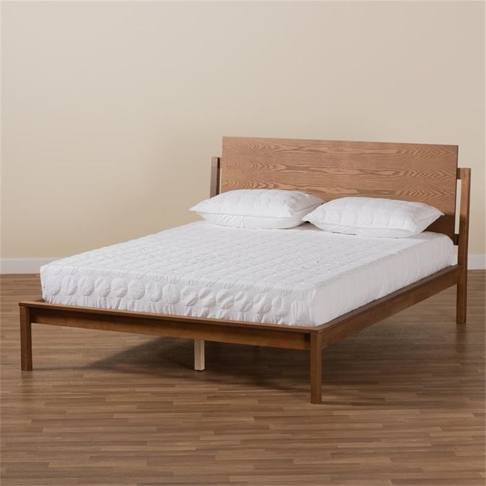 Baxton Studio Giuseppe Modern Walnut Brown Queen Size Platform Bed Frame - Contemporary Minimalist Bedroom Furniture for Small Spaces & Urban Apartments