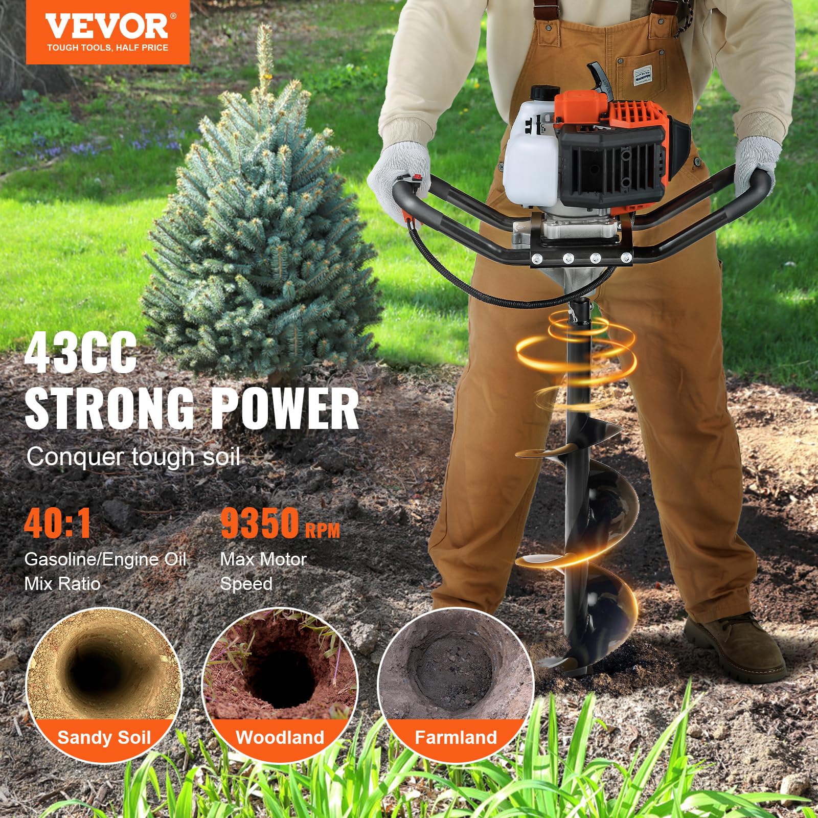 VEVOR 43cc 1250W Gas Powered Post Hole Digger with 8