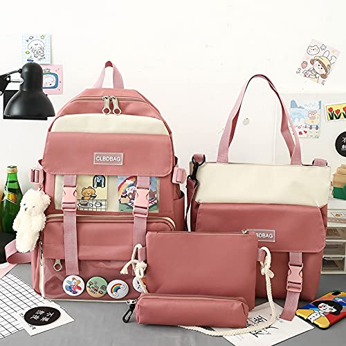 4Pcs Cute Kawaii Bear Canvas Backpack Set for School, Laptop & Travel - Pink Medium Size with Pendant Handle & Shoulder Tote Bag - Perfect for Students, College & Daily Use