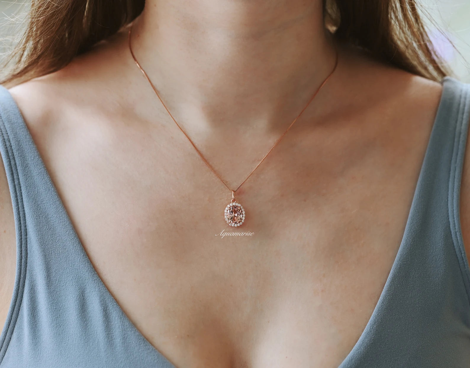 14K Rose Gold Vermeil Iris Oval Morganite Necklace - Elegant Jewelry for Women, Perfect for Weddings, Anniversaries & Special Occasions