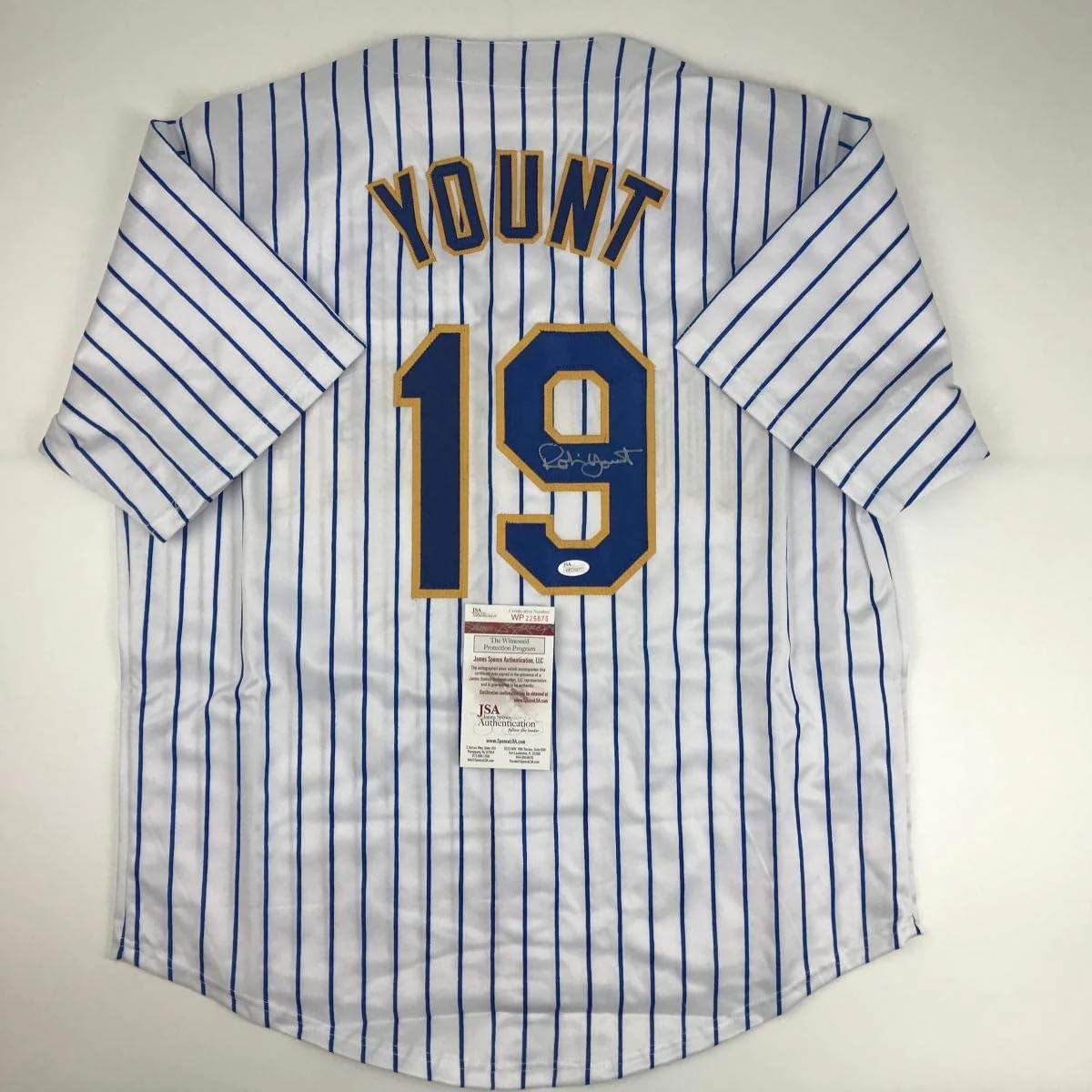 **Authentic Autographed Robin Yount Milwaukee Brewers Pinstripe Baseball Jersey with JSA COA – Perfect for Collectors, Fans, and Sports Memorabilia Displays**
