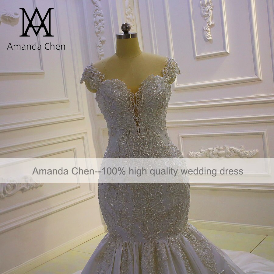 Custom Made Pearls Mermaid Wedding Dress AM1187 – Elegant Bridal Gown for Beach, Church & Formal Weddings