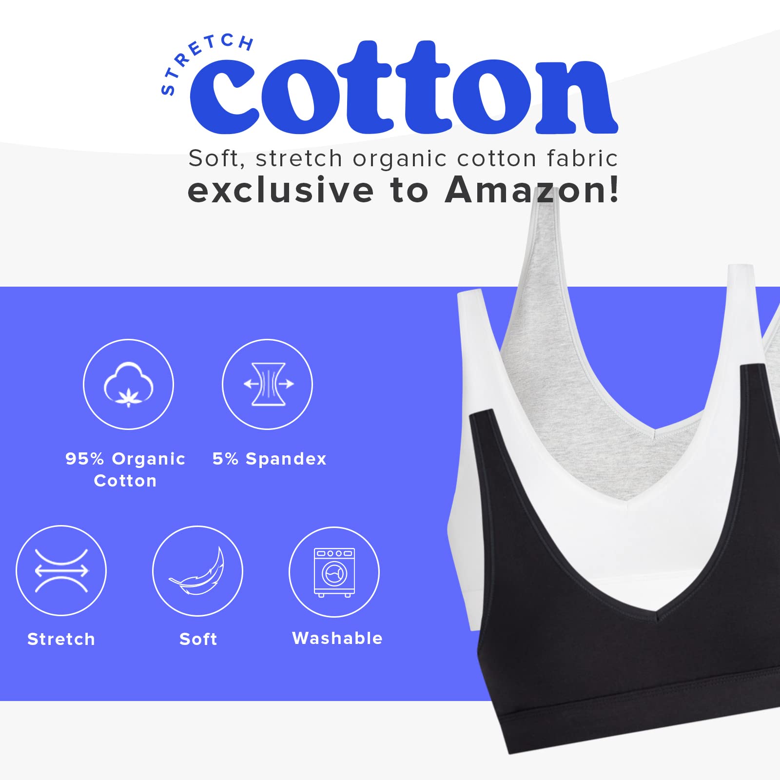 MeUndies Women's Stretch Cotton V-Neck Wireless Bra 5-Pack - Ultra Soft Breathable Comfort - Amazon Exclusive Fabric for Everyday Wear, Lounge & Sleep