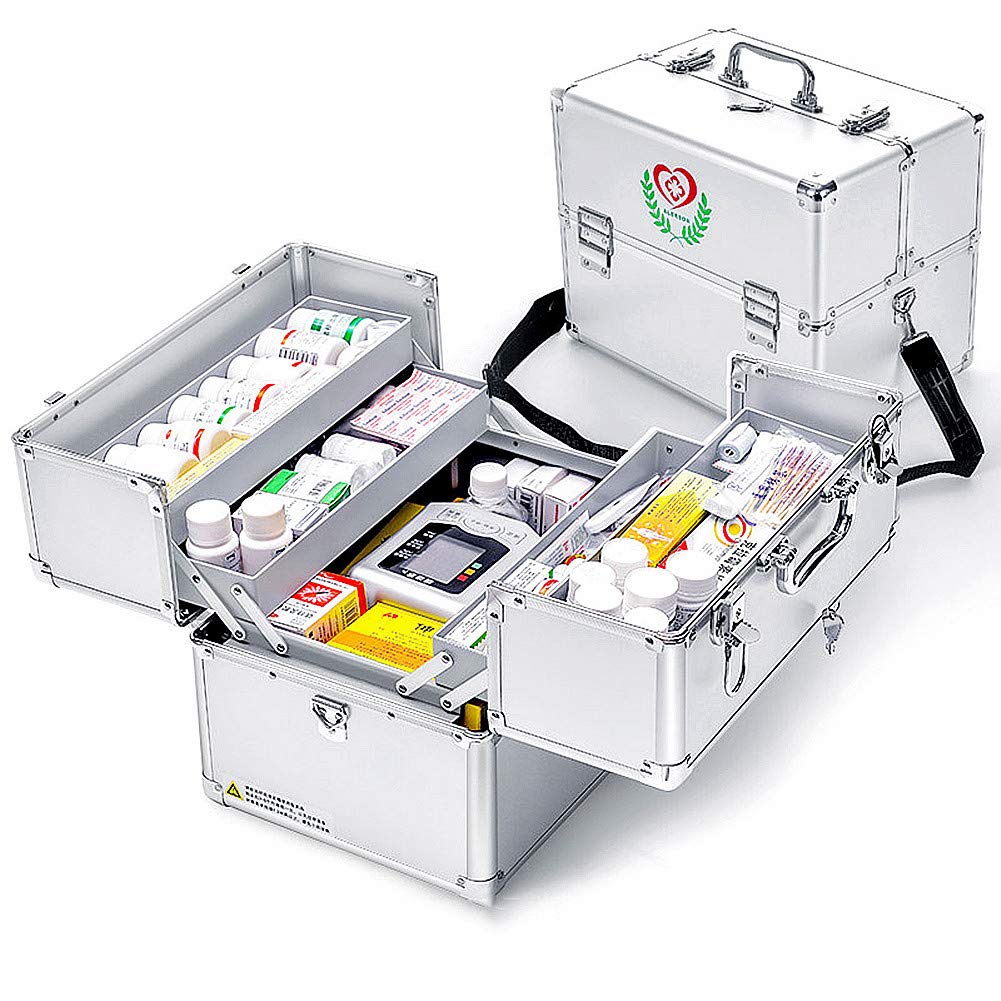 Lockable First Aid Kit with Security Key - 3-Tier Medicine Storage Box, Large 14×9.8×11inch Portable Medical Organizer - Perfect for Home, Office & Travel Emergency Preparedness (Silver)