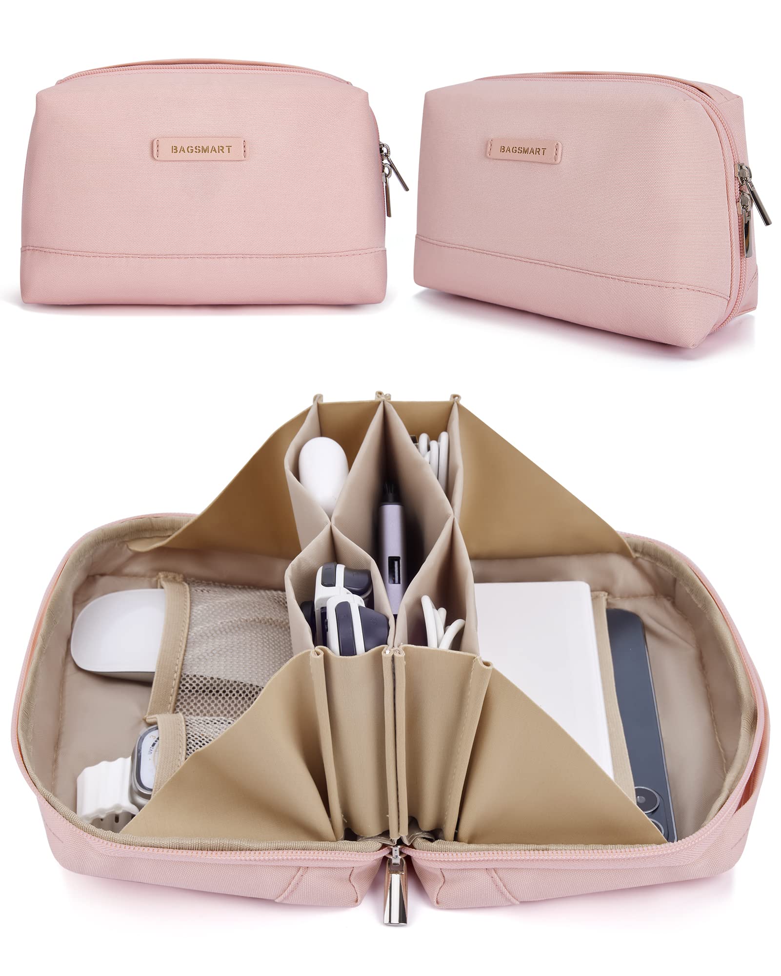 BAGSMART Small Travel Tech Organizer Pouch - Waterproof Electronics Accessories Case for Phones, Cables, Chargers - Portable Cord Organizer Bag with Handle for Men & Women (Pink) | Perfect for Airplane, Office & Daily Commute