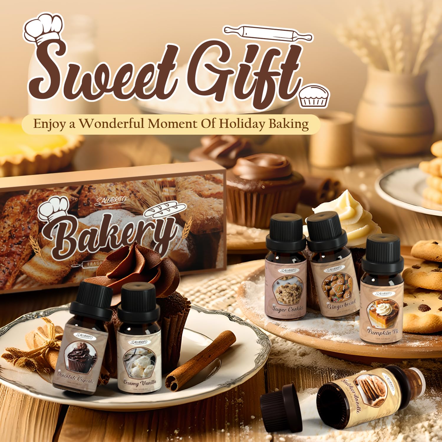 Premium Bakery Fragrance Oils Set - Pumpkin Pie, Chocolate Cupcake, Snickerdoodle, Gingerbread, Creamy Vanilla, Sugar Cookies Scents for Candle Making, Soap Crafting & Diffusers - Perfect for Home, Spa and DIY Gift Projects
